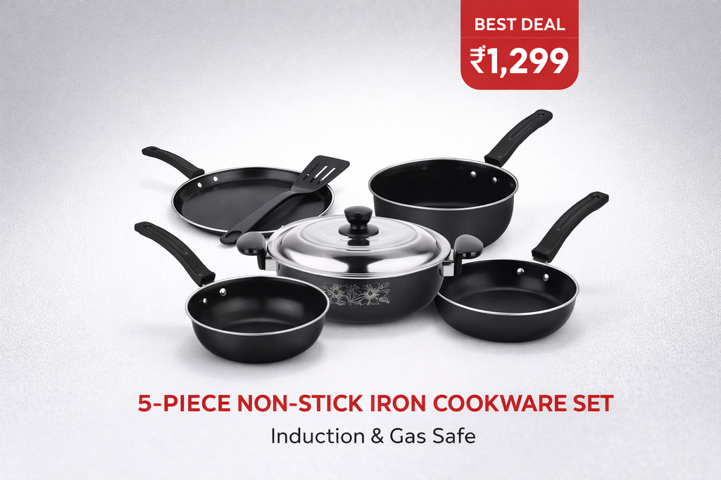 3L Non-Stick Iron Kadhai Combo Set (29 cm) – Induction Base | 6-Piece Cookware Set with Lid