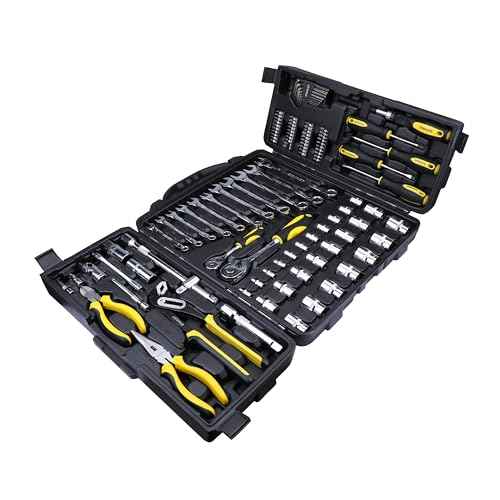 STANLEY STMT81243 110-Piece High Quality Multi-Toolkit containing Pliers, Spanners, Drivers, Sockets, Bits, Wrenches & Ratchets for Home, DIY & Professional Use, 1 Year Warranty, Yellow & Black