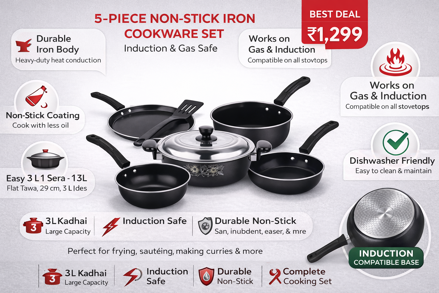 3L Non-Stick Iron Kadhai Combo Set (29 cm) – Induction Base | 6-Piece Cookware Set with Lid