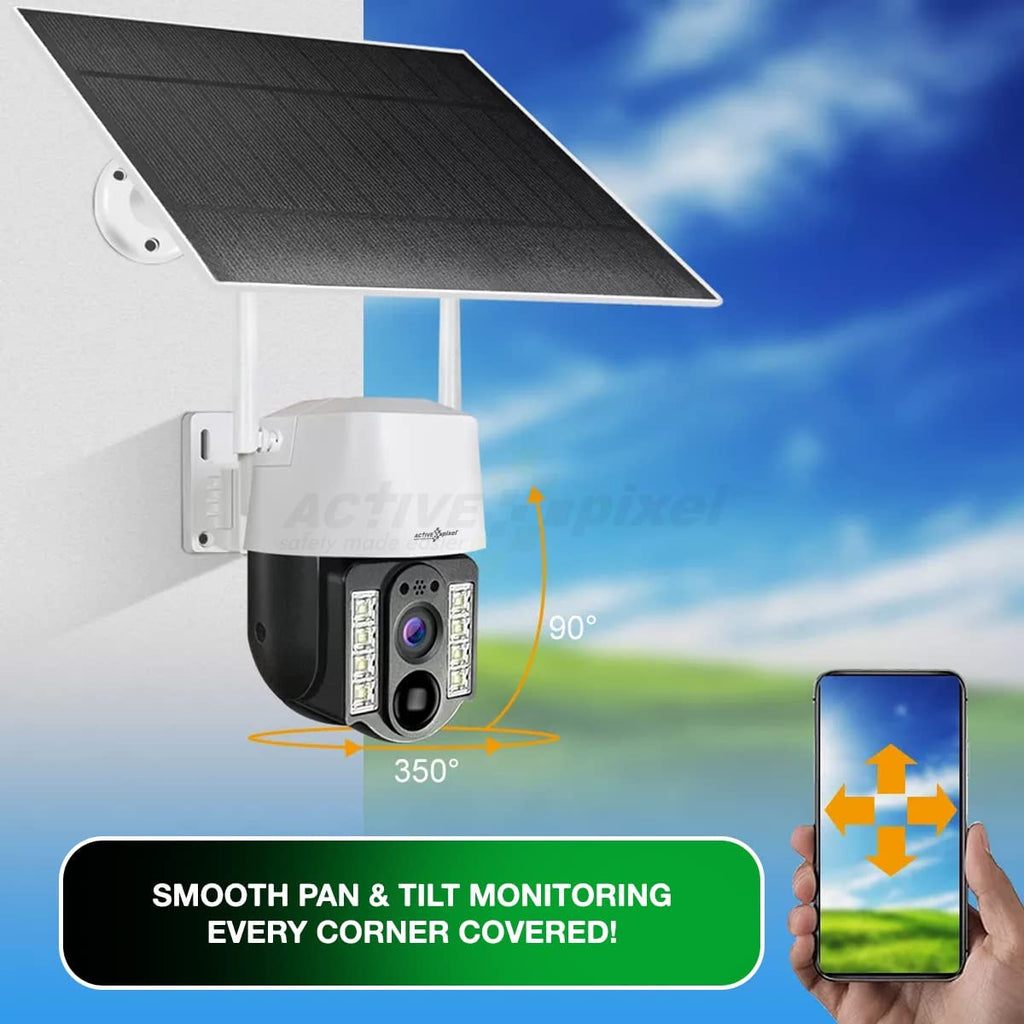 Active Pixel 4G 4mp Solar Battery Powered SIM Card Supported Wireless CCTV Security Camera, IP65 Waterproof, Two-Way Audio, PIR Motion Detection, Pan Tilt.