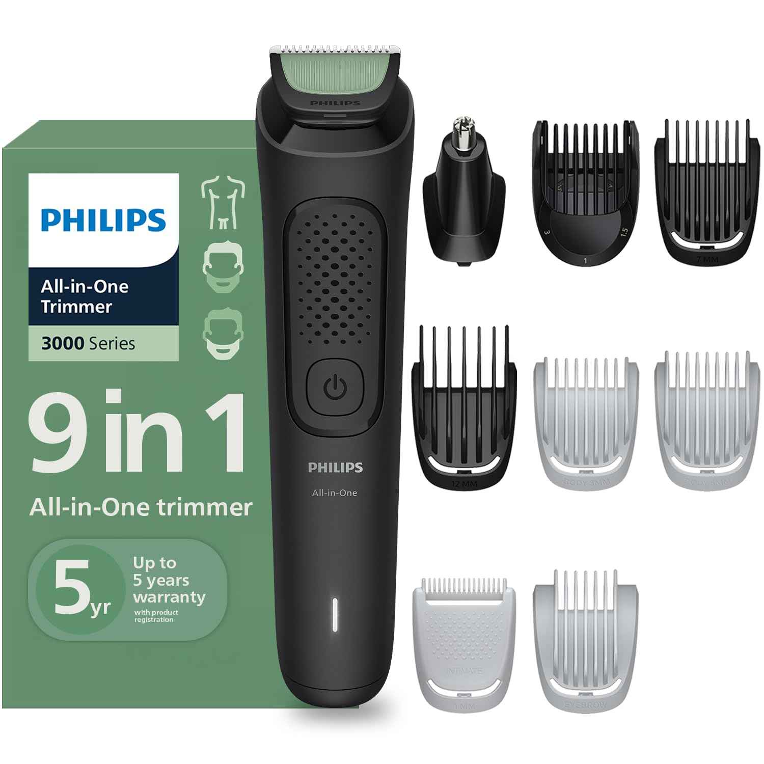 Philips India's No.1 Men's Trimmer | Single stroke beard trimming | 9-in-1 All in One Grooming Kit- Face, Hair & Body| Ear/Nose Trimmer attachment | Intimate Comb | MG3927