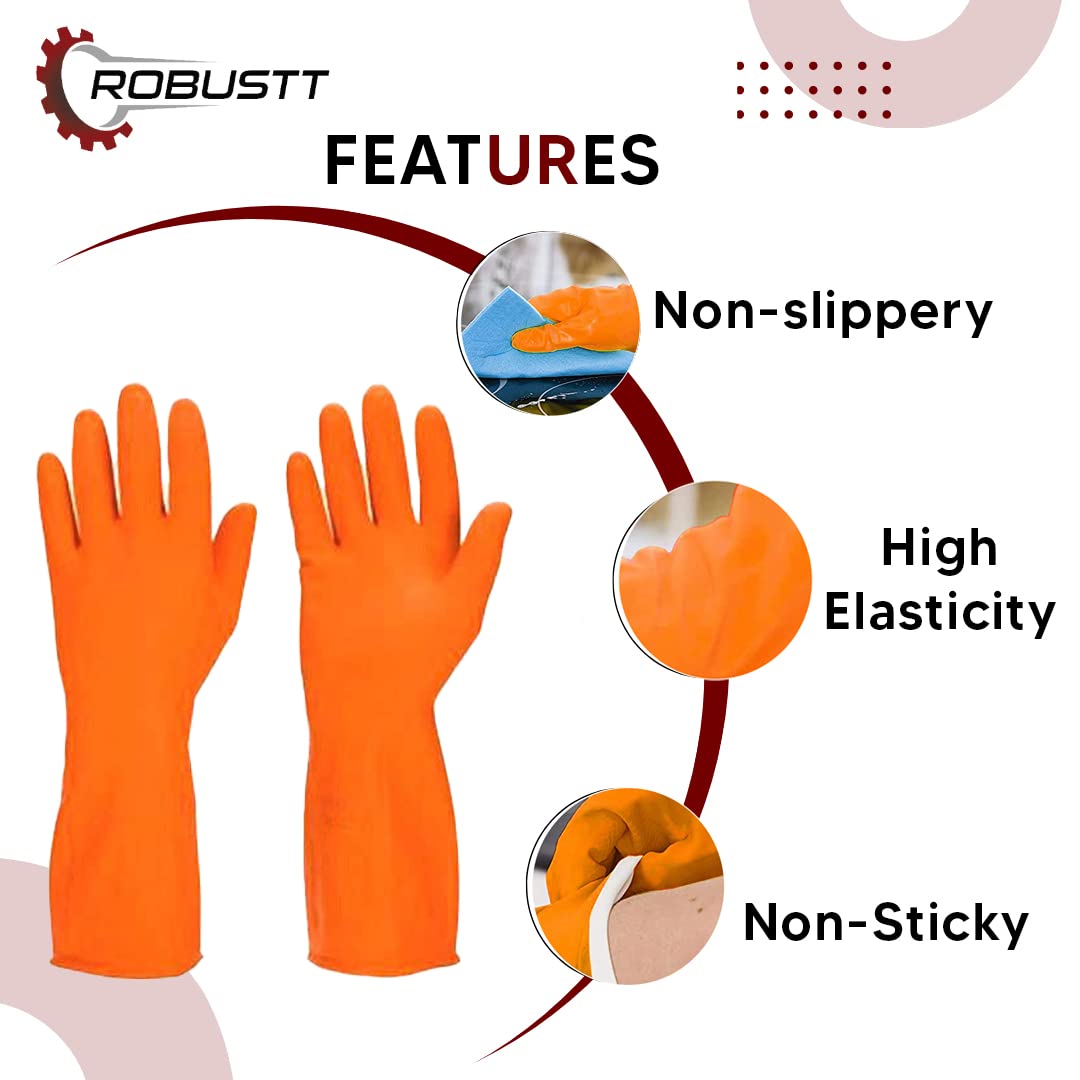 Robustt Heavy Duty Rubber Hand gloves (1 Pair) for Dishwashing, gardening, kitchen cleaning