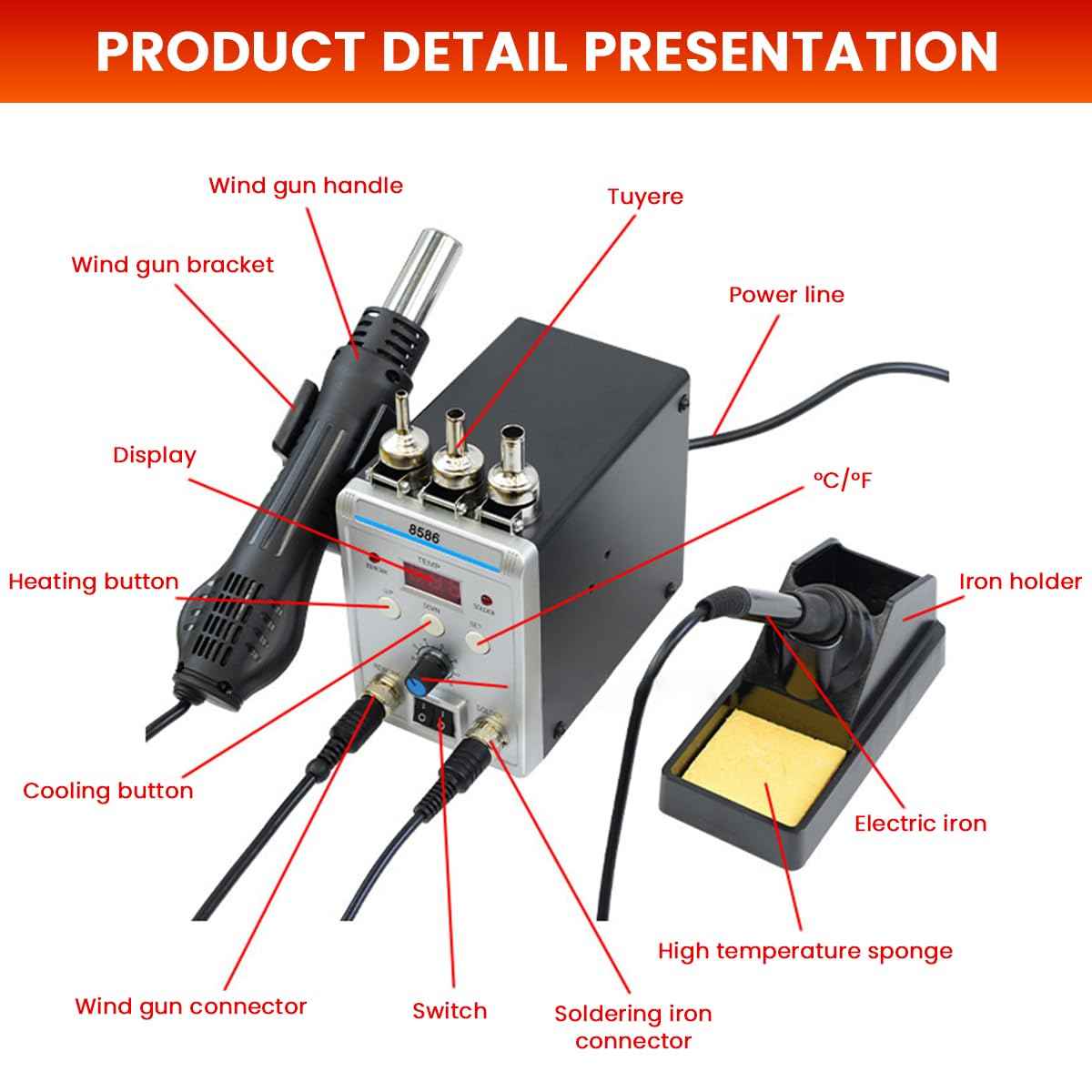 Serplex® 2 in 1 Hot Wind Gun Solder Iron SMD Rework Soldering Station Kit 700W/220V Tabletop Hot Wind Gun Tin Solder Iron Working Station Adjustable Soldering Station with LCD Digital Display