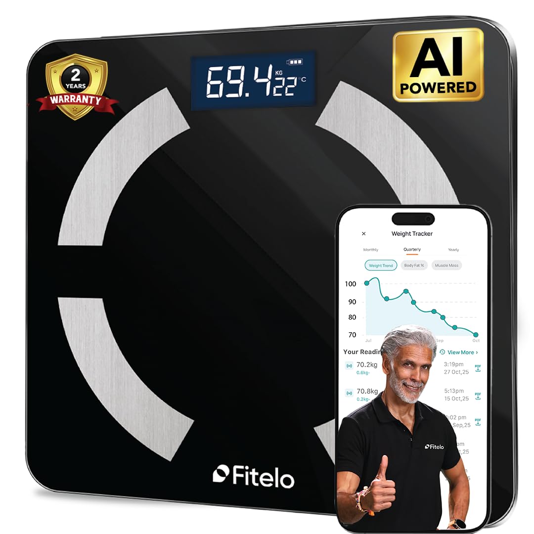 Fitelo Smart BMI Weight Scale | Track 18+ Body Parameters, Body Fat & Muscle Mass | 100+ User Profiles | 2 Yr Warranty | Large Foot Area | Free App Sync & Health Report Card | For Home & Gym Fitness