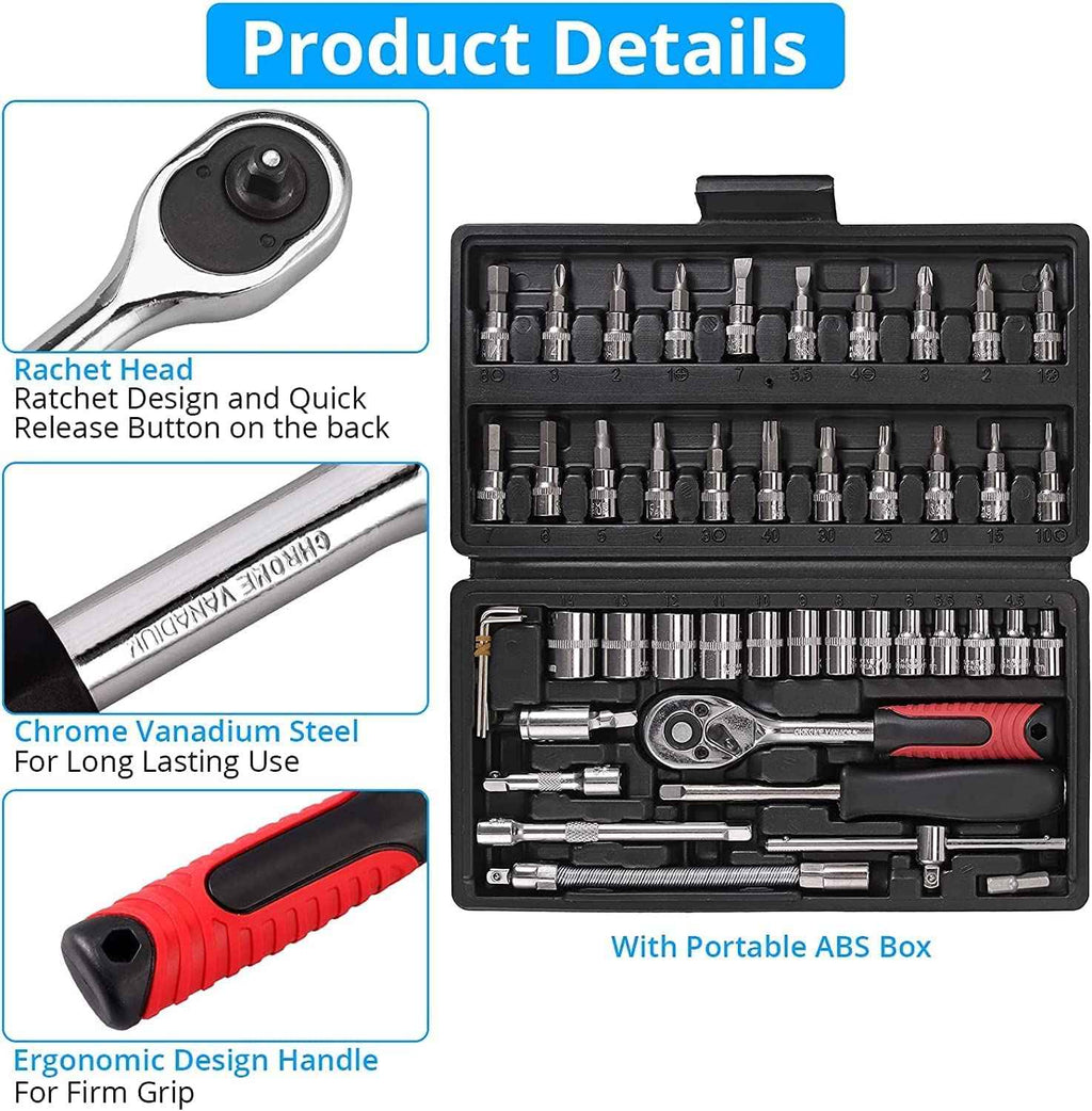 ZSIGNS 46Pcs 1/4 Inch Drive Box End Socket Set,Metric Ratchet Wrench Set With 4-14Mm Cr-V Sockets,S2 Bits,Extension Bars,Mechanic Tool Kits For Household Auto Repair (Black), Chrome Vanadium Steel