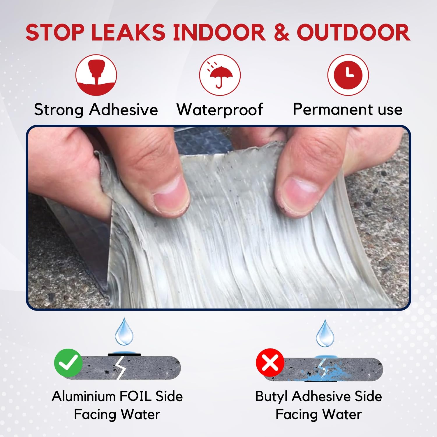 Super Strong Adhesive Waterproof tape Permanent Repair Roof Water Leakage Solution Rubber Foil Suitable for Roof Leak, surface Crack, Window Sill Gap, Boat Sealing, Tank Leak (5CM*5M)