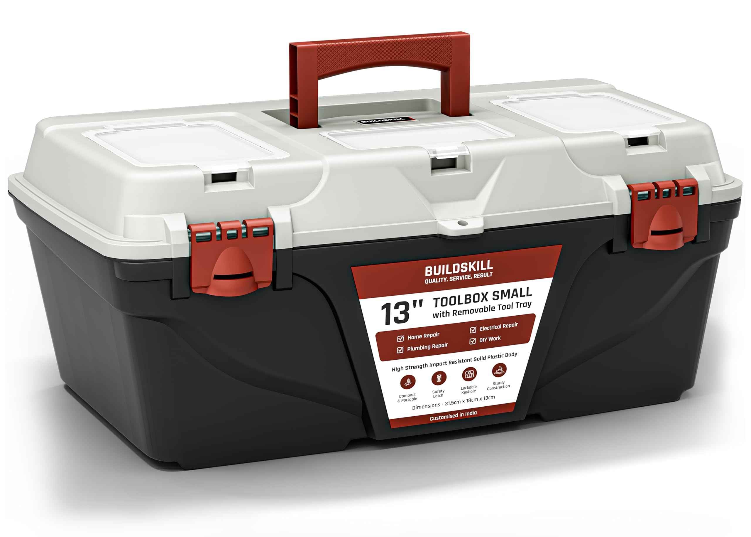 BUILDSKILL 16" Medium Tool Box for Home | Convenient Top Lids & Removable Tool Tray | Secure Latch Lock | Key Hole | Heavy Duty Impact Resistant Body | Ideal Repair Toolbox for DIY & Professional Use