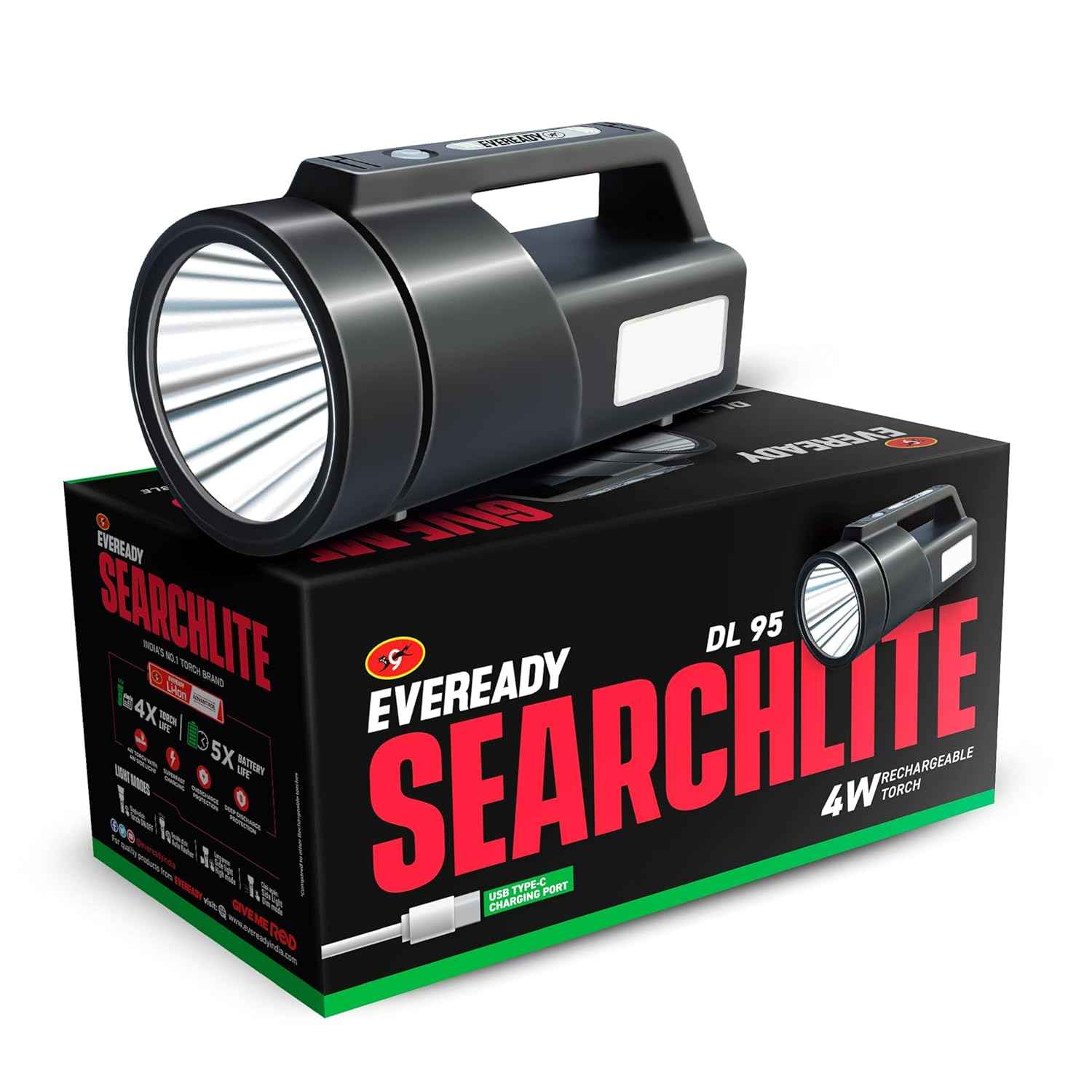 EVEREADY SEARCHLITE DL95, Rechargeable 4W Torch Cum 4W Emergency Sidelight, Type-C USB Fast Charging, Glow-in-THE-Dark Strip, Overcharge & Deep Discharge Protection