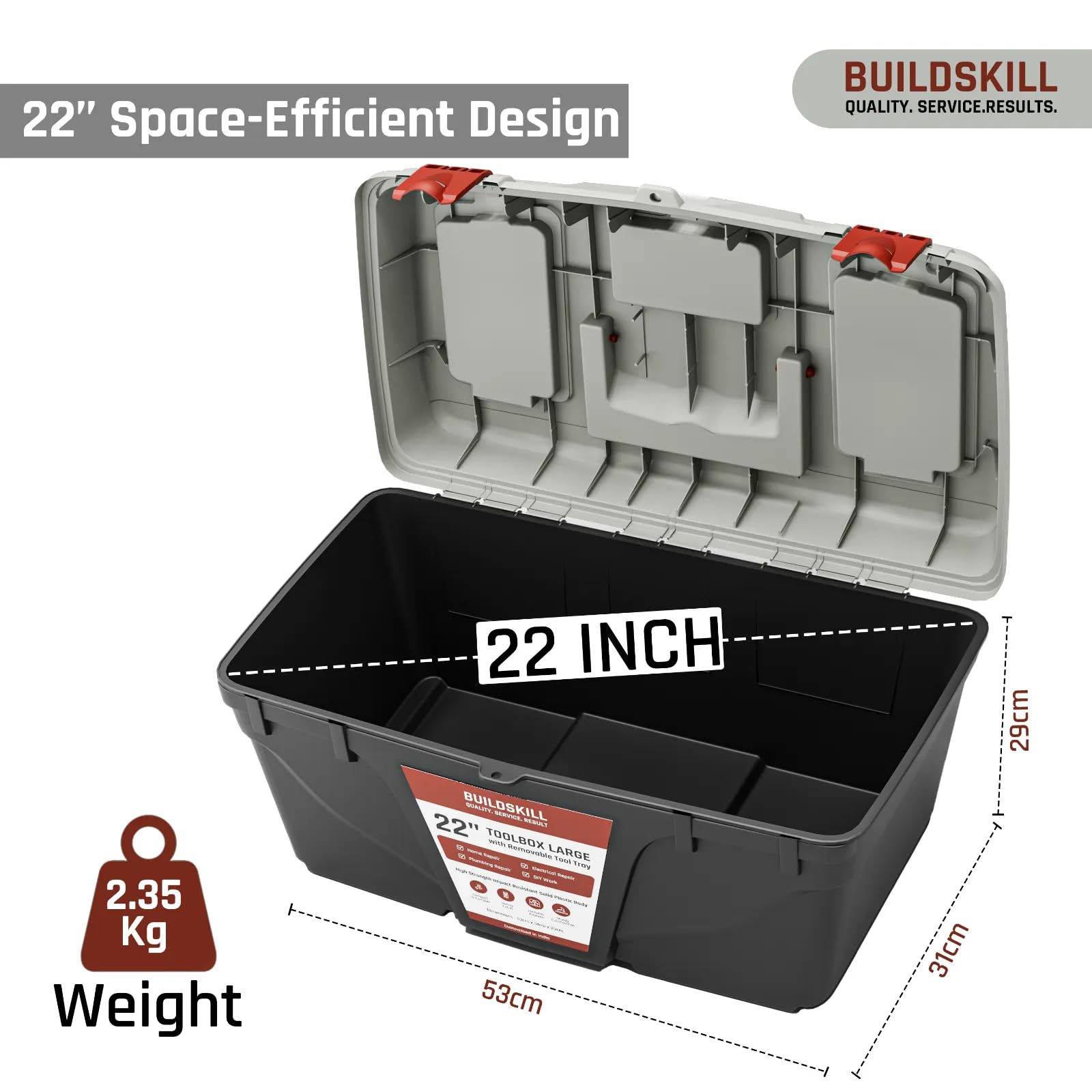 BUILDSKILL 16" Medium Tool Box for Home | Convenient Top Lids & Removable Tool Tray | Secure Latch Lock | Key Hole | Heavy Duty Impact Resistant Body | Ideal Repair Toolbox for DIY & Professional Use