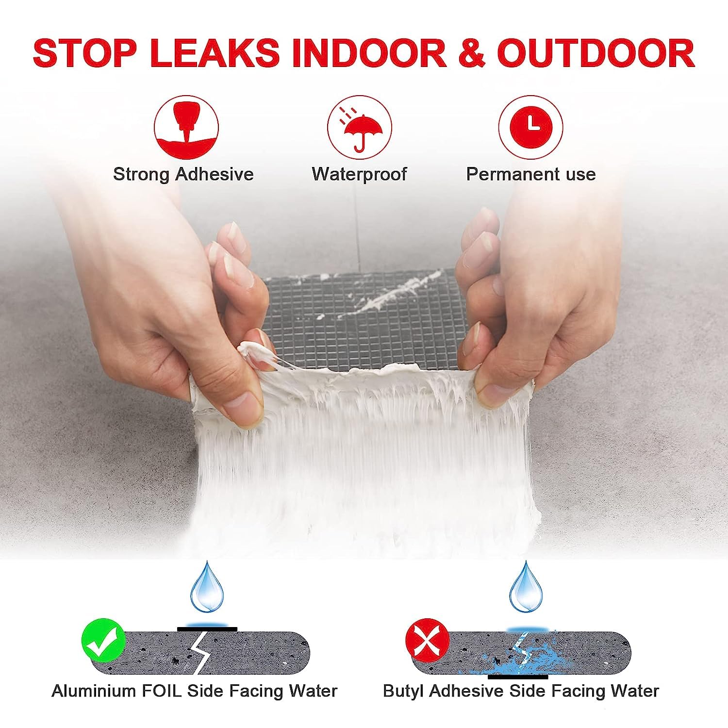 Super Strong Adhesive Waterproof tape Permanent Repair Roof Water Leakage Solution Rubber Foil Suitable for Roof Leak, surface Crack, Window Sill Gap, Boat Sealing, Tank Leak (5CM*5M)