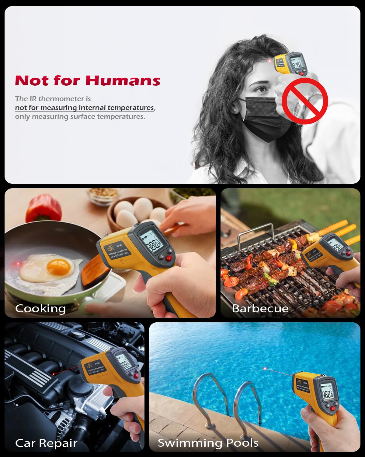 Plastic Infrared Thermometer Gun, Non-Contact Digital Laser Temperature Gun for Kitchen Cooking Food, Grill, Pizza Oven, Candy, Fridge, HVAC