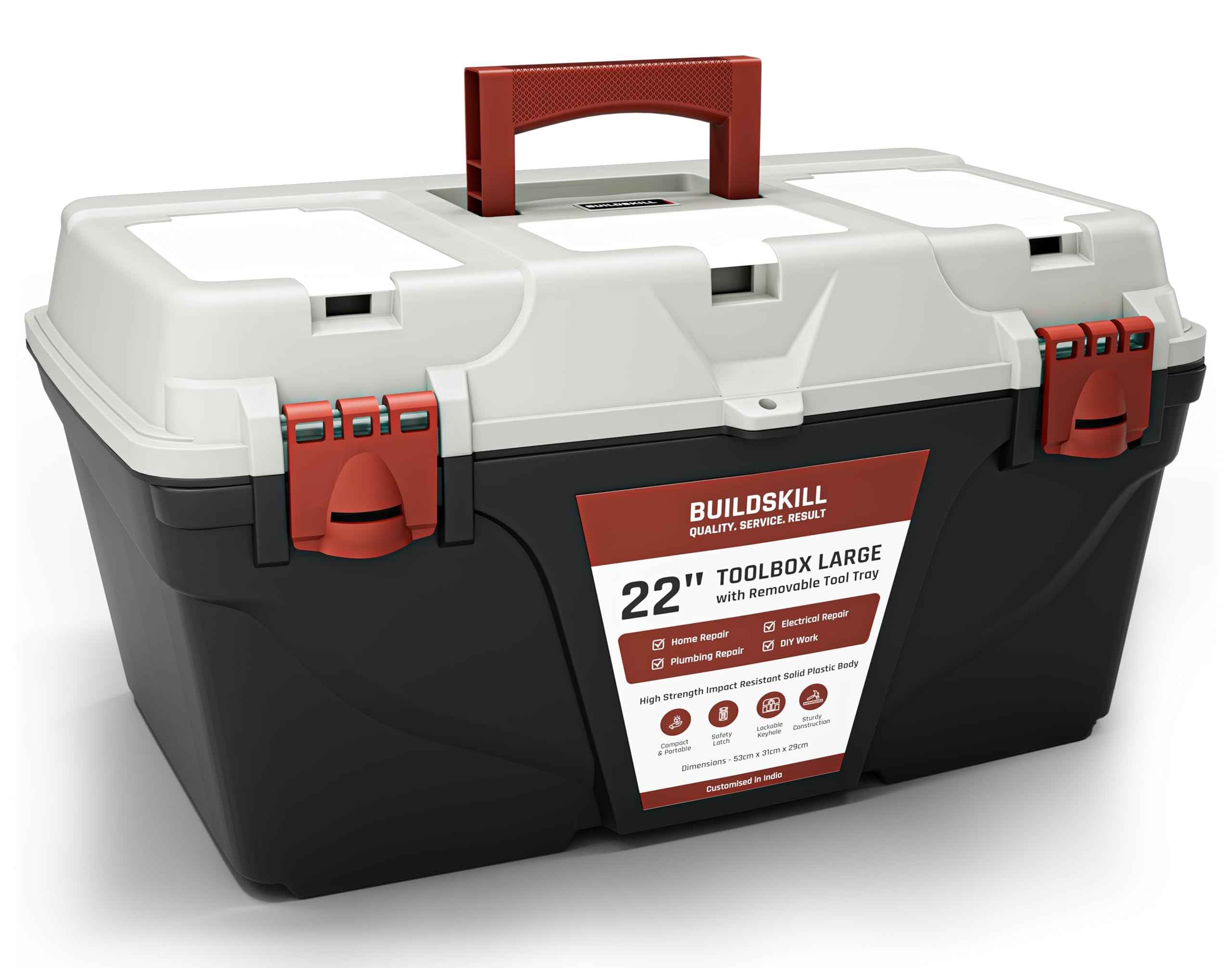 BUILDSKILL 16" Medium Tool Box for Home | Convenient Top Lids & Removable Tool Tray | Secure Latch Lock | Key Hole | Heavy Duty Impact Resistant Body | Ideal Repair Toolbox for DIY & Professional Use