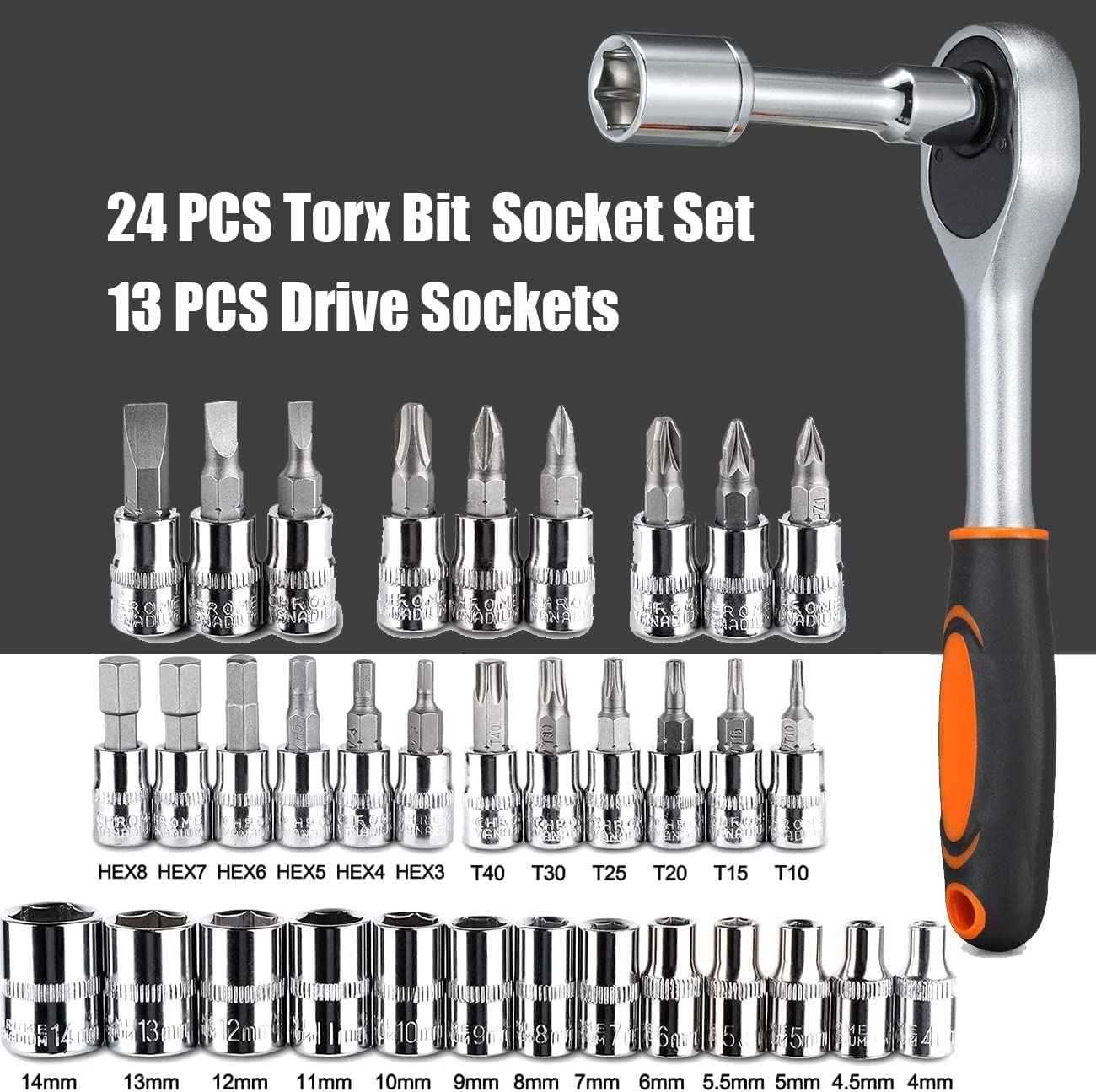 ZSIGNS 46Pcs 1/4 Inch Drive Box End Socket Set,Metric Ratchet Wrench Set With 4-14Mm Cr-V Sockets,S2 Bits,Extension Bars,Mechanic Tool Kits For Household Auto Repair (Black), Chrome Vanadium Steel