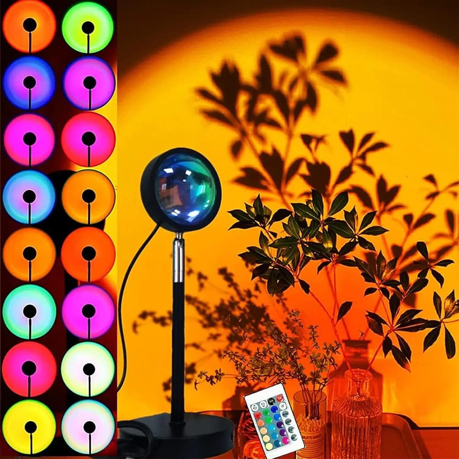 16-Color 360° Rotating Sunset Projection Lamp with Remote | Romantic LED Night Light for Bedroom, Kids, Couples & Adults | Mood Lighting for Home, Living Room, Party (Multicolor, Plastic)