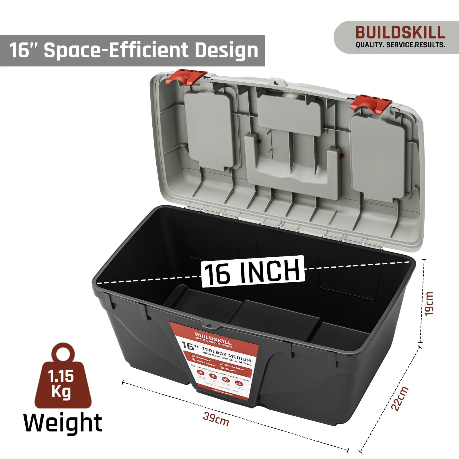 BUILDSKILL 16" Medium Tool Box for Home | Convenient Top Lids & Removable Tool Tray | Secure Latch Lock | Key Hole | Heavy Duty Impact Resistant Body | Ideal Repair Toolbox for DIY & Professional Use