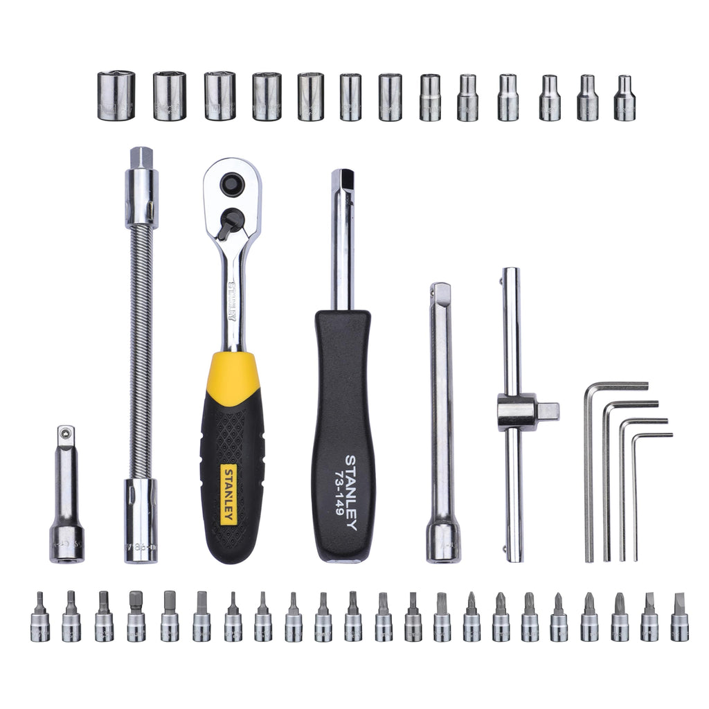 STANLEY STMT81243 110-Piece High Quality Multi-Toolkit containing Pliers, Spanners, Drivers, Sockets, Bits, Wrenches & Ratchets for Home, DIY & Professional Use, 1 Year Warranty, Yellow & Black