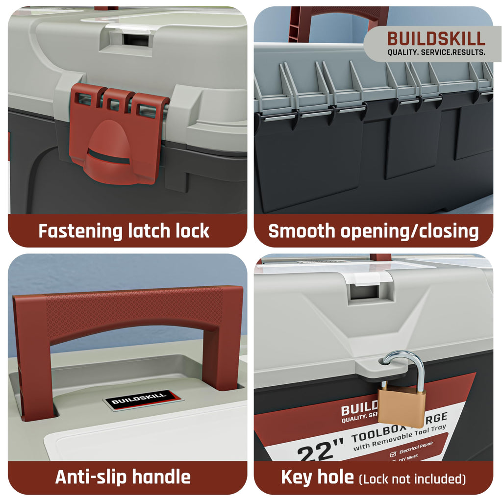 BUILDSKILL 16" Medium Tool Box for Home | Convenient Top Lids & Removable Tool Tray | Secure Latch Lock | Key Hole | Heavy Duty Impact Resistant Body | Ideal Repair Toolbox for DIY & Professional Use