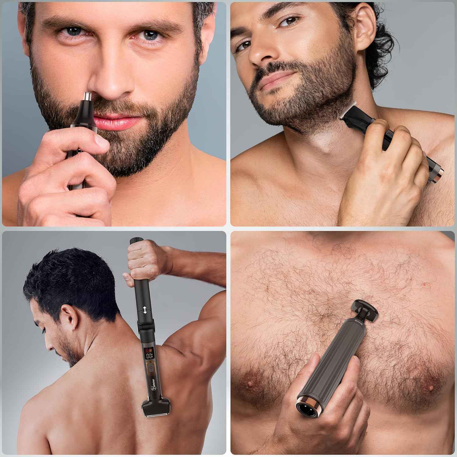 Hatteker Upgraded Mens Electric Back Shaver Body Grooming kit Body Trimmer Facial,Arm,Chin Beard Trimmer Cordless Hair Clipper with Adjustable Extension Handel Waterproof LED Display