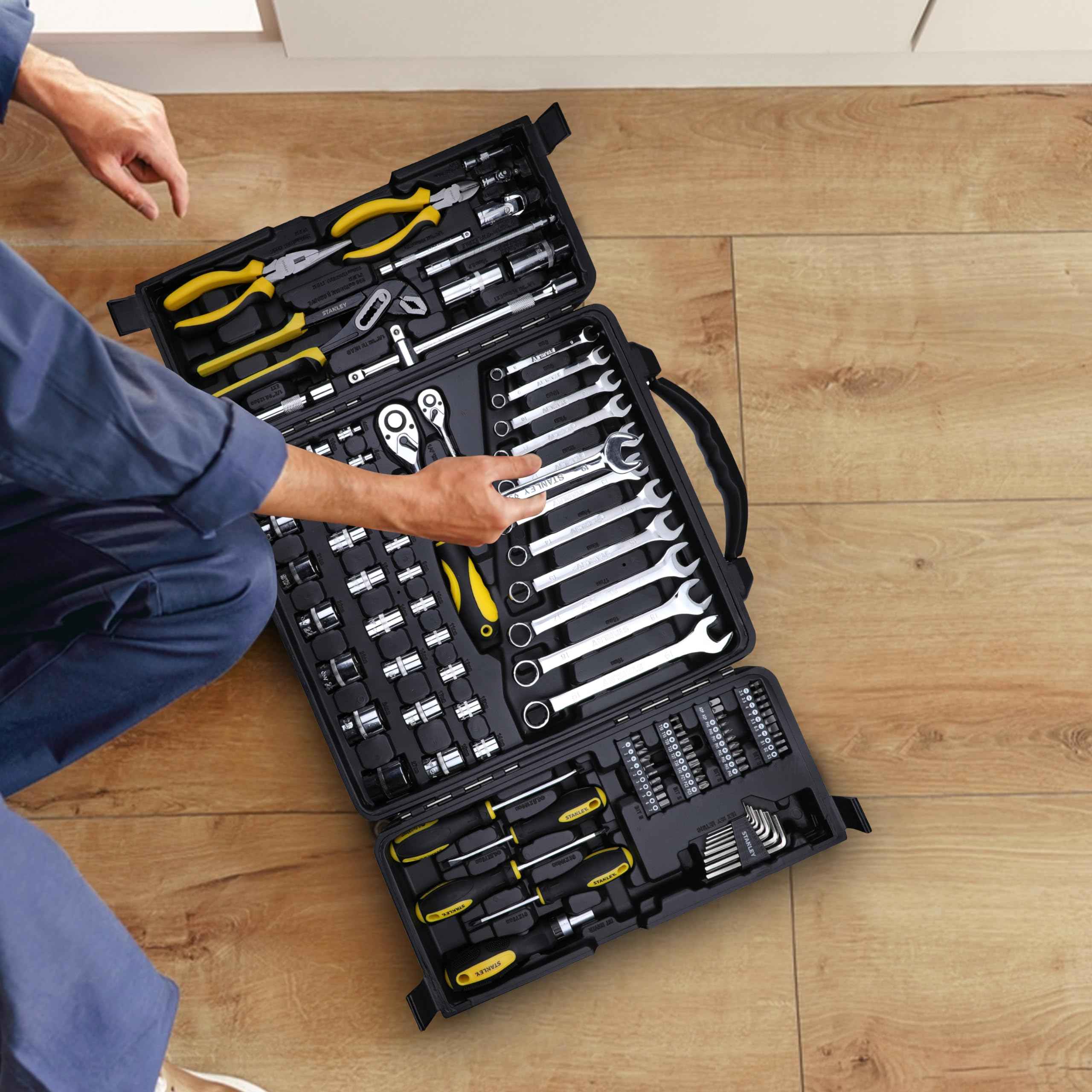 STANLEY STMT81243 110-Piece High Quality Multi-Toolkit containing Pliers, Spanners, Drivers, Sockets, Bits, Wrenches & Ratchets for Home, DIY & Professional Use, 1 Year Warranty, Yellow & Black