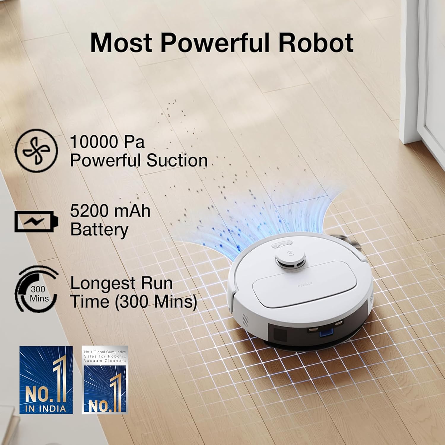 ECOVACS DEEBOT N30 White Robot Vacuum Cleaner & Mop – 2-in-1 Smart Cleaning, 10000Pa Powerful Suction, 5200mAh Long Battery Backup, Covers 3500+ Sq. Ft., Zero Tangle 2.0 & Advanced TrueMapping Technology