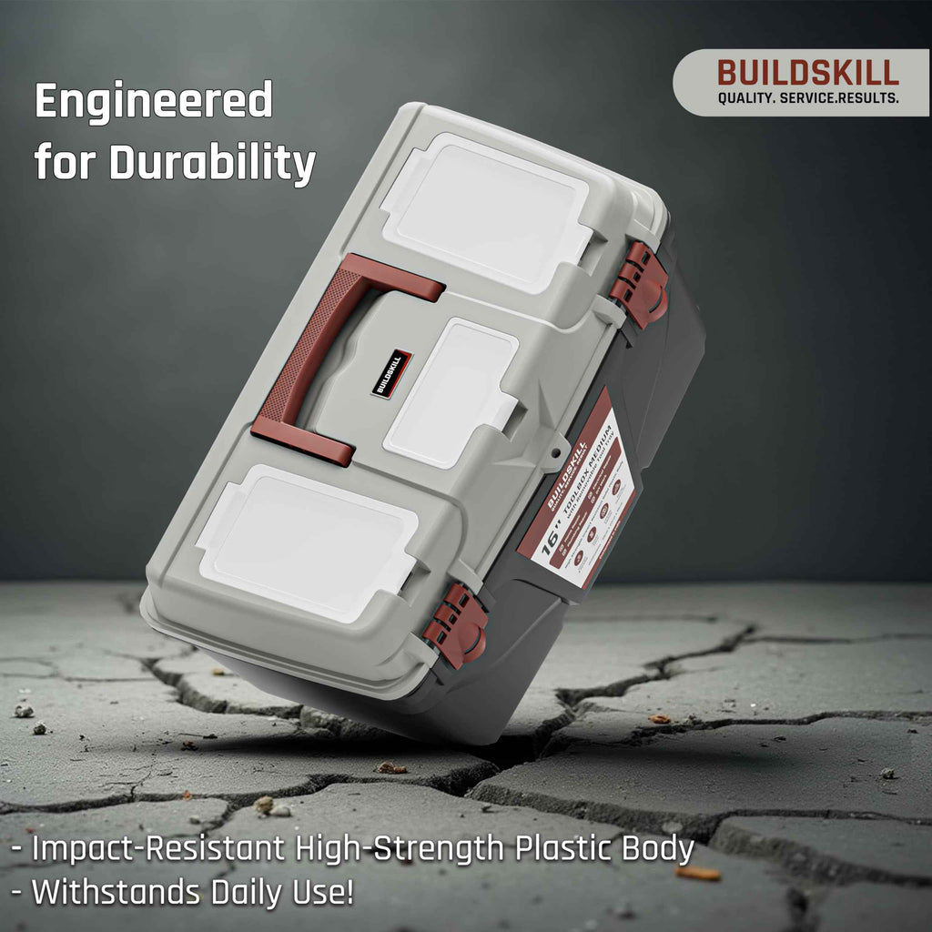 BUILDSKILL 16" Medium Tool Box for Home | Convenient Top Lids & Removable Tool Tray | Secure Latch Lock | Key Hole | Heavy Duty Impact Resistant Body | Ideal Repair Toolbox for DIY & Professional Use
