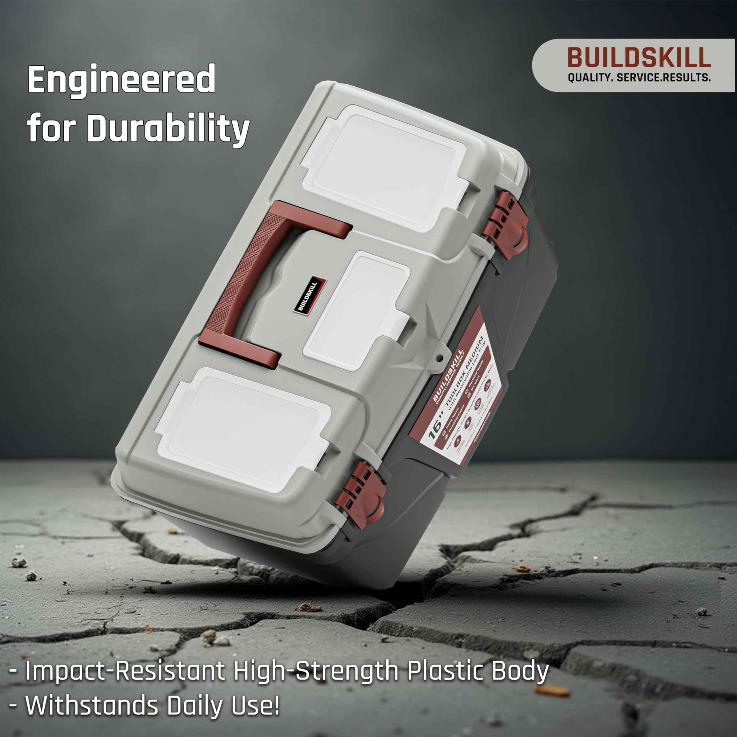 BUILDSKILL 16" Medium Tool Box for Home | Convenient Top Lids & Removable Tool Tray | Secure Latch Lock | Key Hole | Heavy Duty Impact Resistant Body | Ideal Repair Toolbox for DIY & Professional Use
