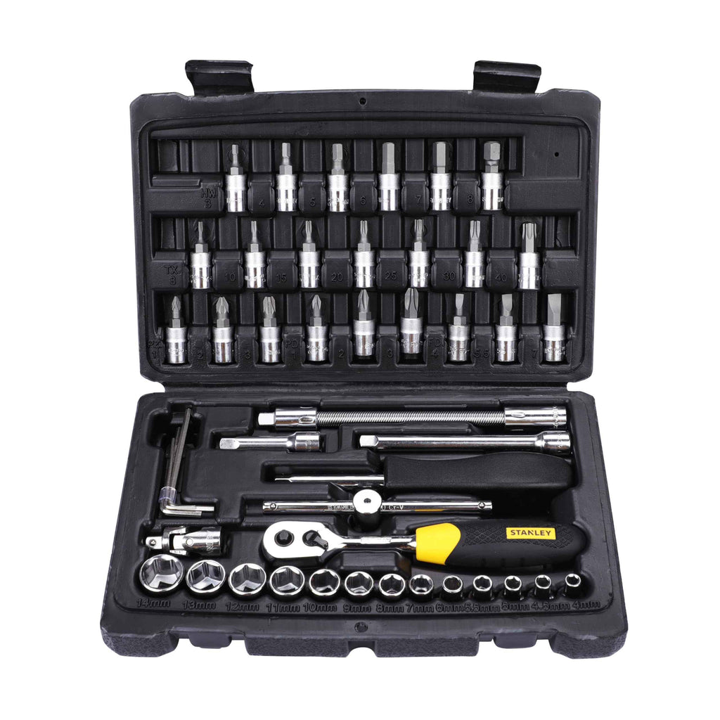 STANLEY STMT81243 110-Piece High Quality Multi-Toolkit containing Pliers, Spanners, Drivers, Sockets, Bits, Wrenches & Ratchets for Home, DIY & Professional Use, 1 Year Warranty, Yellow & Black