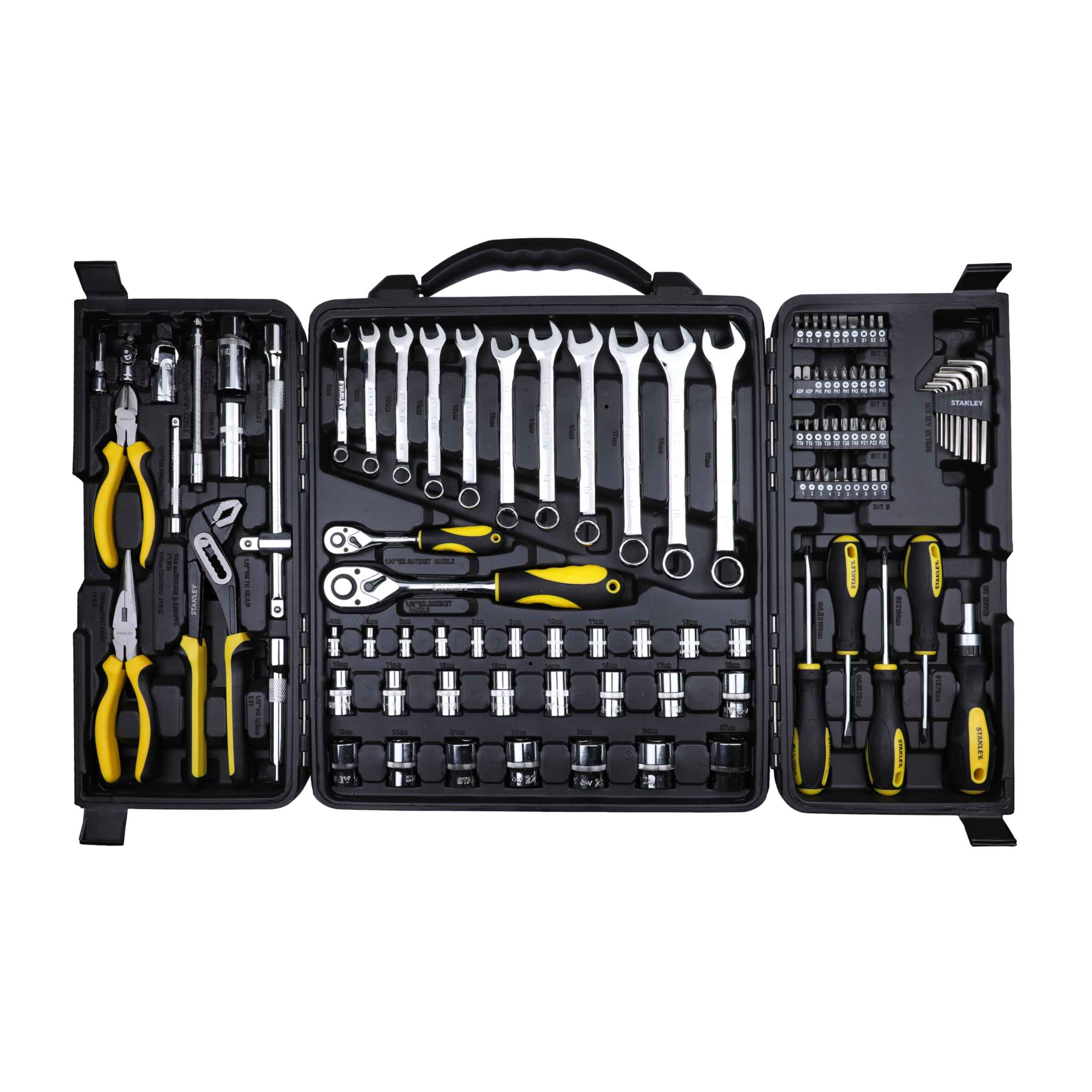 STANLEY STMT81243 110-Piece High Quality Multi-Toolkit containing Pliers, Spanners, Drivers, Sockets, Bits, Wrenches & Ratchets for Home, DIY & Professional Use, 1 Year Warranty, Yellow & Black