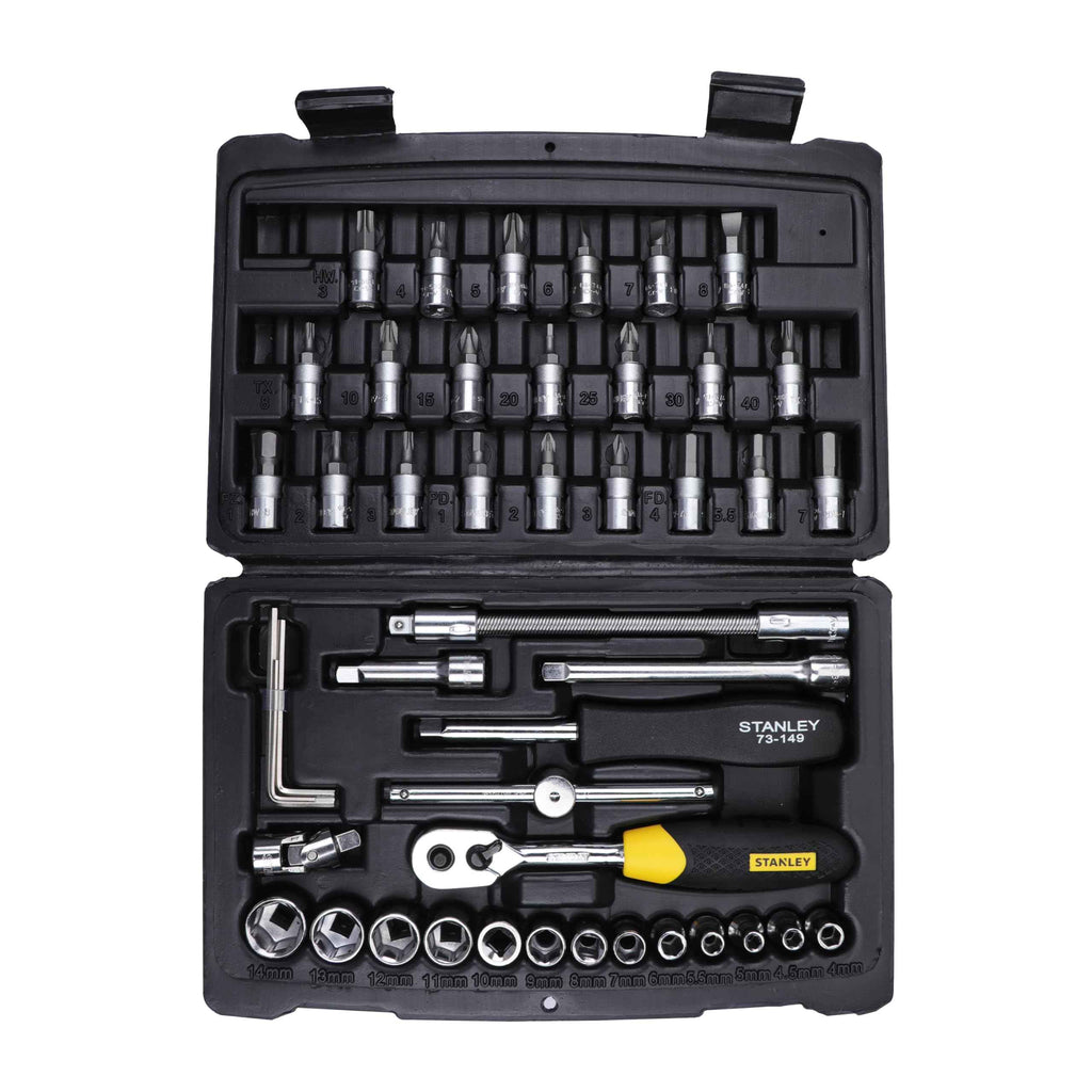 STANLEY STMT81243 110-Piece High Quality Multi-Toolkit containing Pliers, Spanners, Drivers, Sockets, Bits, Wrenches & Ratchets for Home, DIY & Professional Use, 1 Year Warranty, Yellow & Black