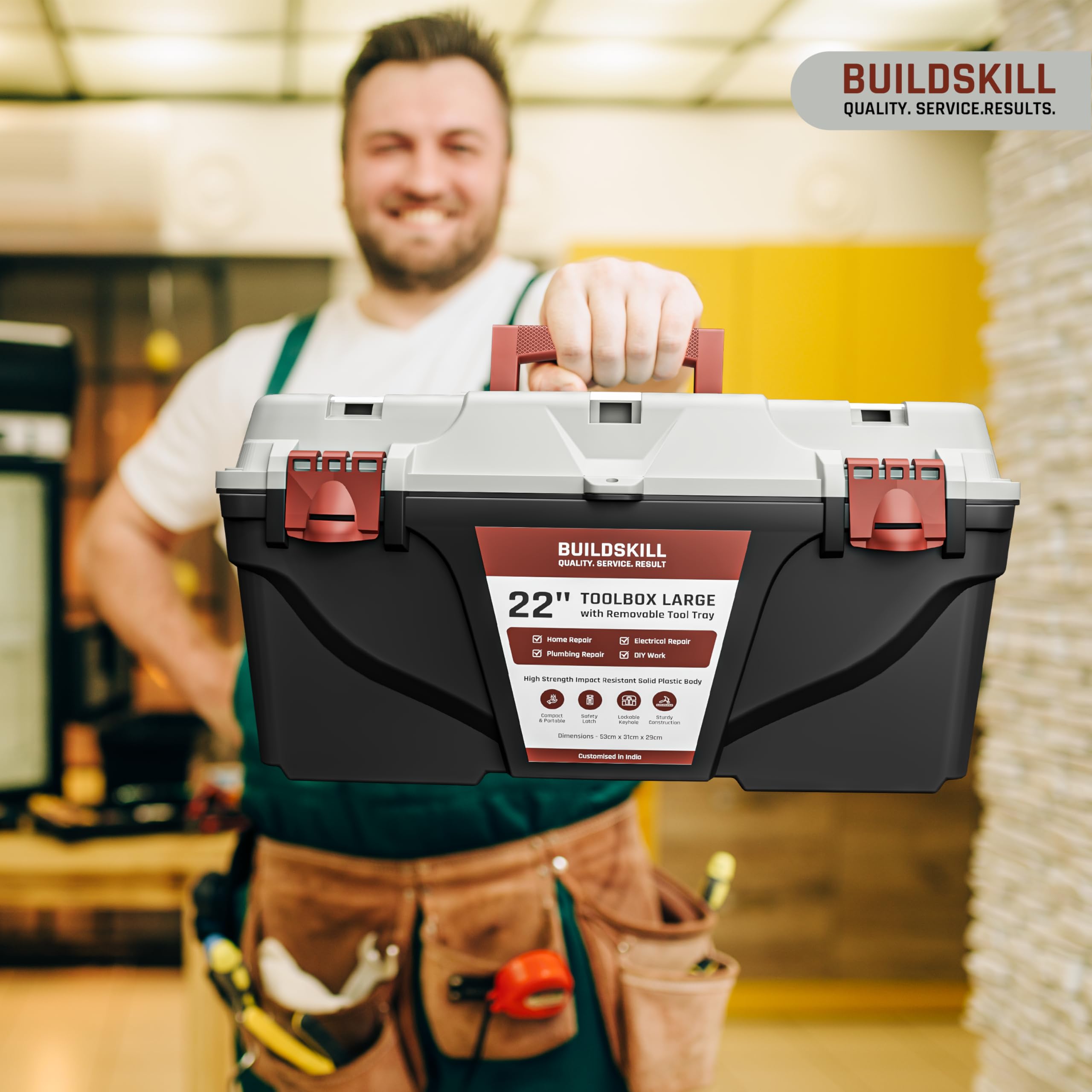 BUILDSKILL 16" Medium Tool Box for Home | Convenient Top Lids & Removable Tool Tray | Secure Latch Lock | Key Hole | Heavy Duty Impact Resistant Body | Ideal Repair Toolbox for DIY & Professional Use
