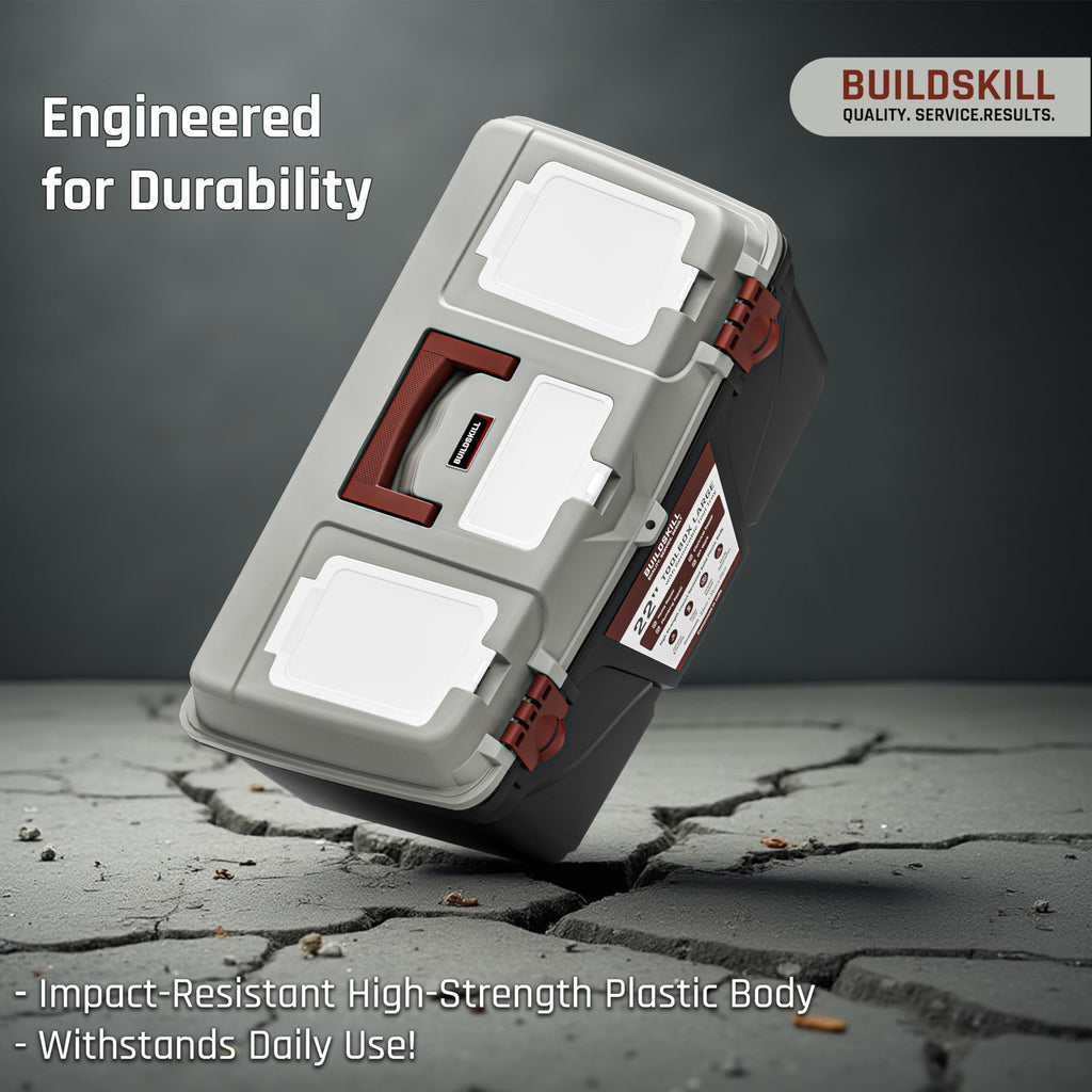 BUILDSKILL 16" Medium Tool Box for Home | Convenient Top Lids & Removable Tool Tray | Secure Latch Lock | Key Hole | Heavy Duty Impact Resistant Body | Ideal Repair Toolbox for DIY & Professional Use