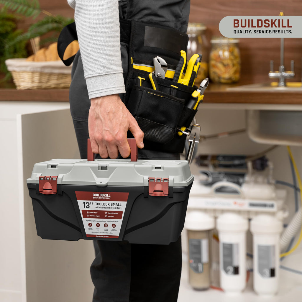 BUILDSKILL 16" Medium Tool Box for Home | Convenient Top Lids & Removable Tool Tray | Secure Latch Lock | Key Hole | Heavy Duty Impact Resistant Body | Ideal Repair Toolbox for DIY & Professional Use