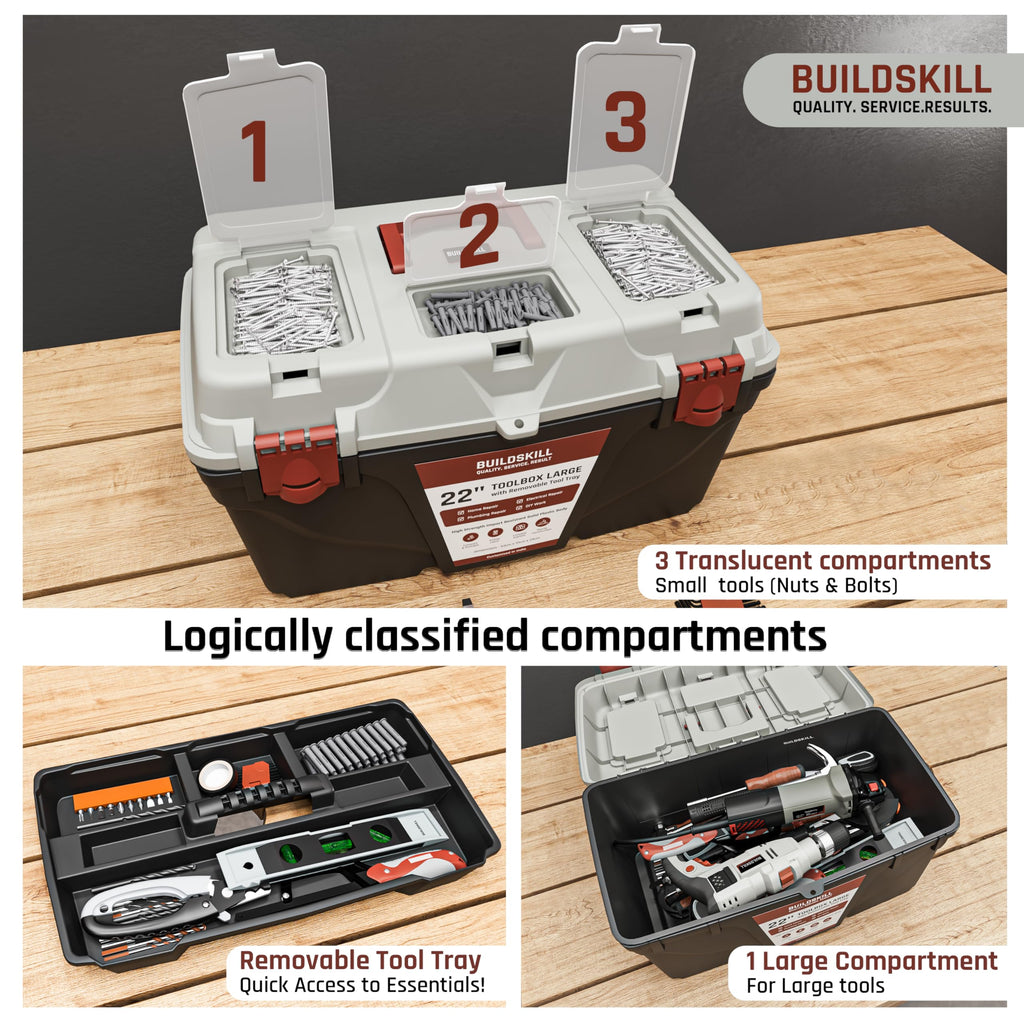 BUILDSKILL 16" Medium Tool Box for Home | Convenient Top Lids & Removable Tool Tray | Secure Latch Lock | Key Hole | Heavy Duty Impact Resistant Body | Ideal Repair Toolbox for DIY & Professional Use