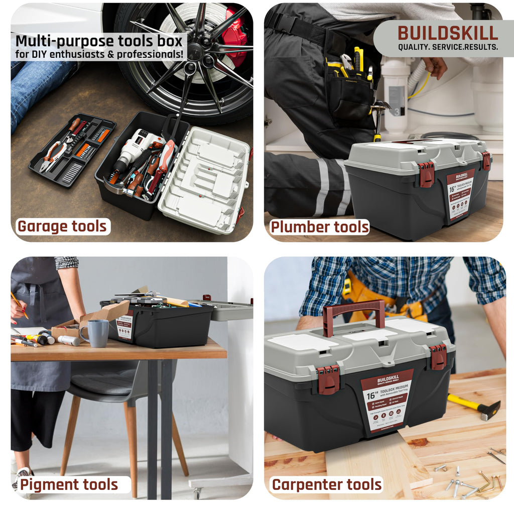 BUILDSKILL 16" Medium Tool Box for Home | Convenient Top Lids & Removable Tool Tray | Secure Latch Lock | Key Hole | Heavy Duty Impact Resistant Body | Ideal Repair Toolbox for DIY & Professional Use