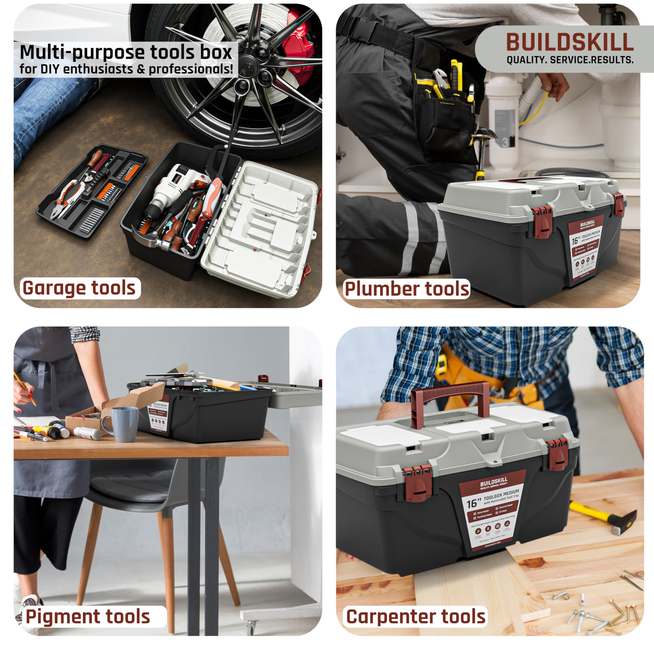 BUILDSKILL 16" Medium Tool Box for Home | Convenient Top Lids & Removable Tool Tray | Secure Latch Lock | Key Hole | Heavy Duty Impact Resistant Body | Ideal Repair Toolbox for DIY & Professional Use