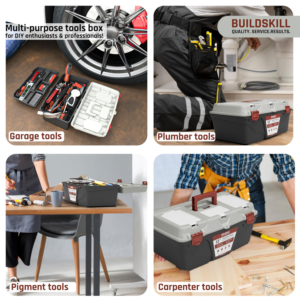 BUILDSKILL 16" Medium Tool Box for Home | Convenient Top Lids & Removable Tool Tray | Secure Latch Lock | Key Hole | Heavy Duty Impact Resistant Body | Ideal Repair Toolbox for DIY & Professional Use