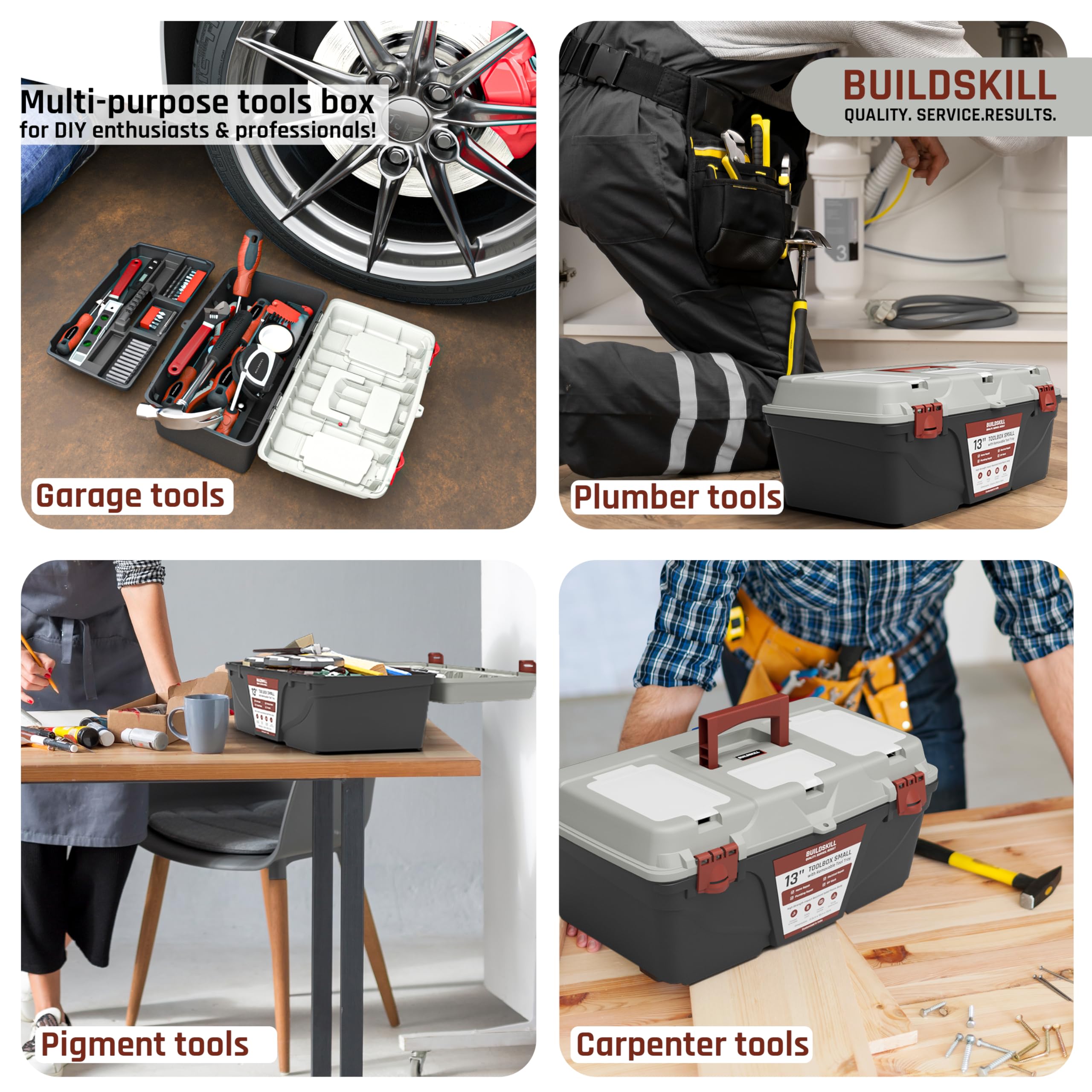 BUILDSKILL 16" Medium Tool Box for Home | Convenient Top Lids & Removable Tool Tray | Secure Latch Lock | Key Hole | Heavy Duty Impact Resistant Body | Ideal Repair Toolbox for DIY & Professional Use