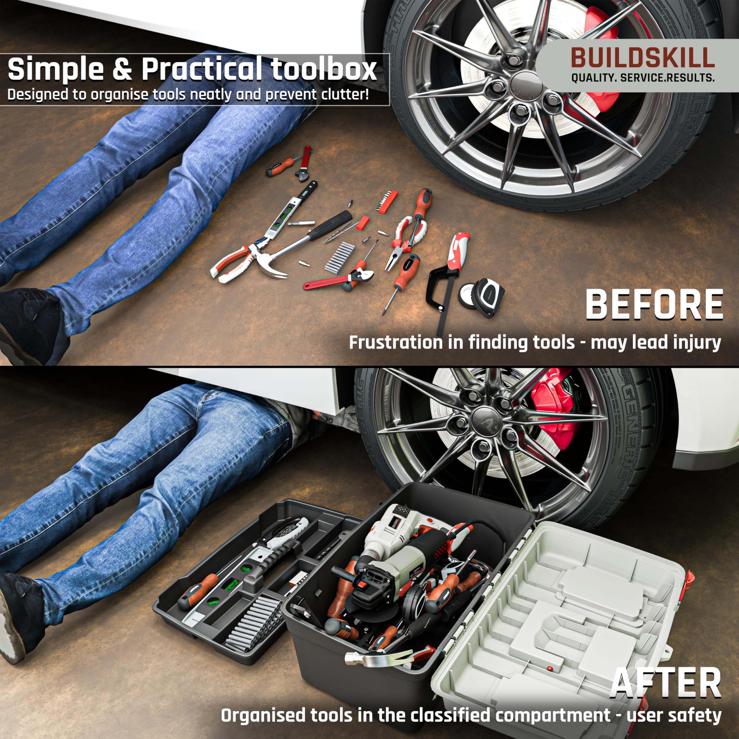 BUILDSKILL 16" Medium Tool Box for Home | Convenient Top Lids & Removable Tool Tray | Secure Latch Lock | Key Hole | Heavy Duty Impact Resistant Body | Ideal Repair Toolbox for DIY & Professional Use