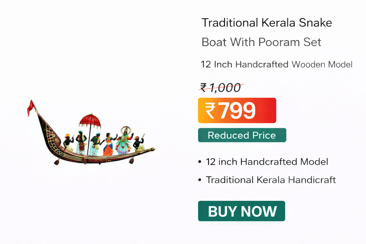 Traditional Kerala Snake Boat with Pooram Set – 12 Inch Handcrafted Wooden Model