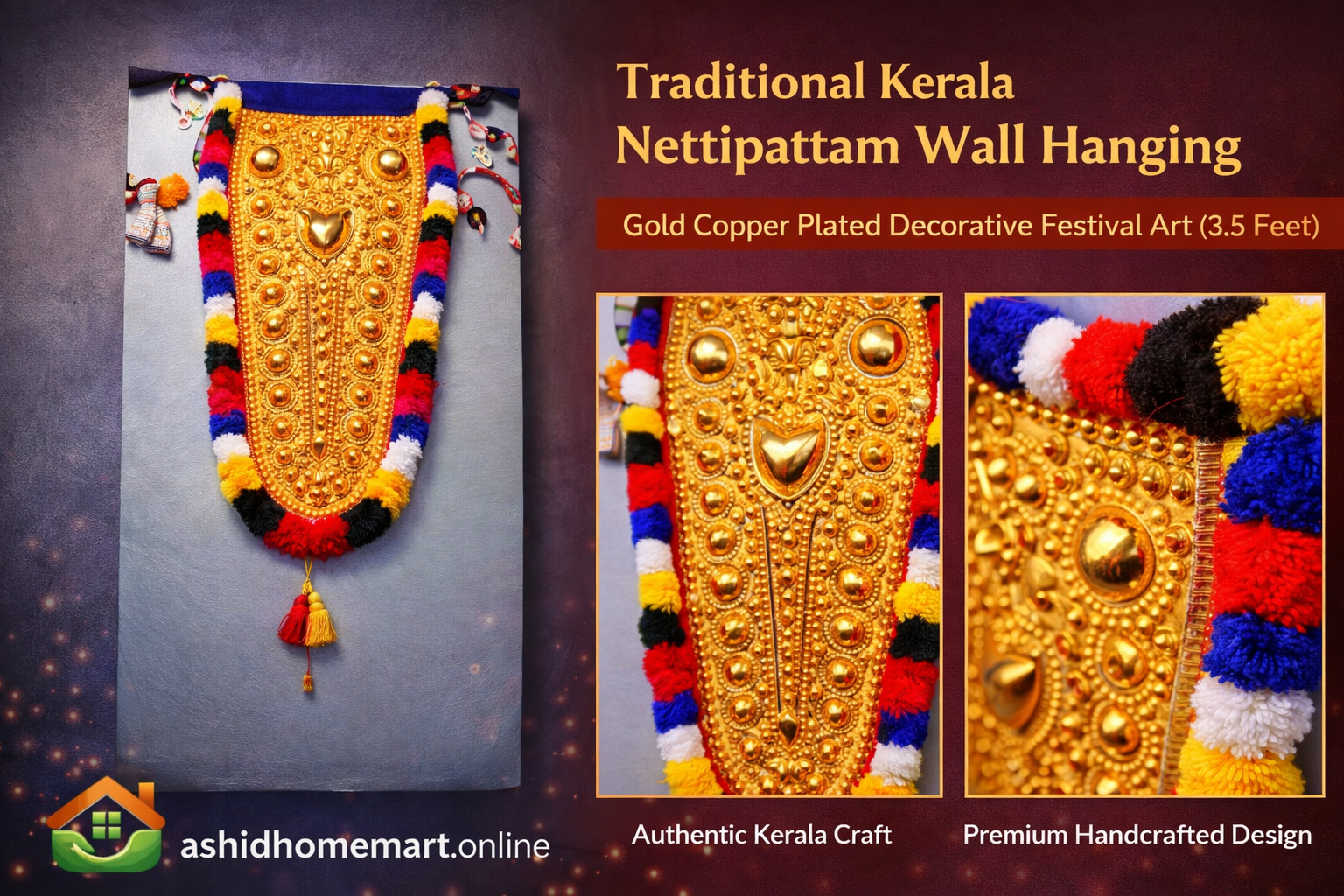 Traditional Kerala Nettipattam – Gold Copper Plated Wall Hanging (3.5 Feet)