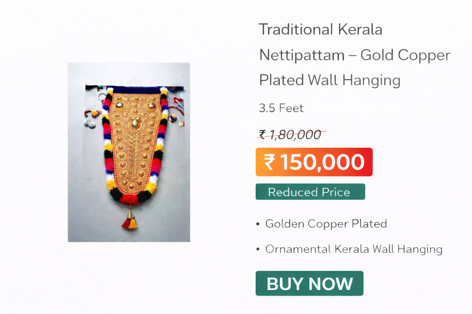 Traditional Kerala Nettipattam – Gold Copper Plated Wall Hanging (3.5 Feet)