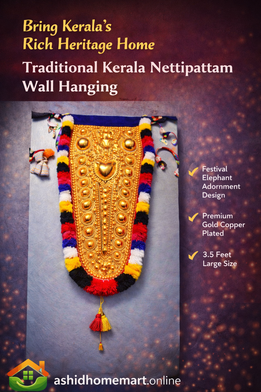 Traditional Kerala Nettipattam – Gold Copper Plated Wall Hanging (3.5 Feet)