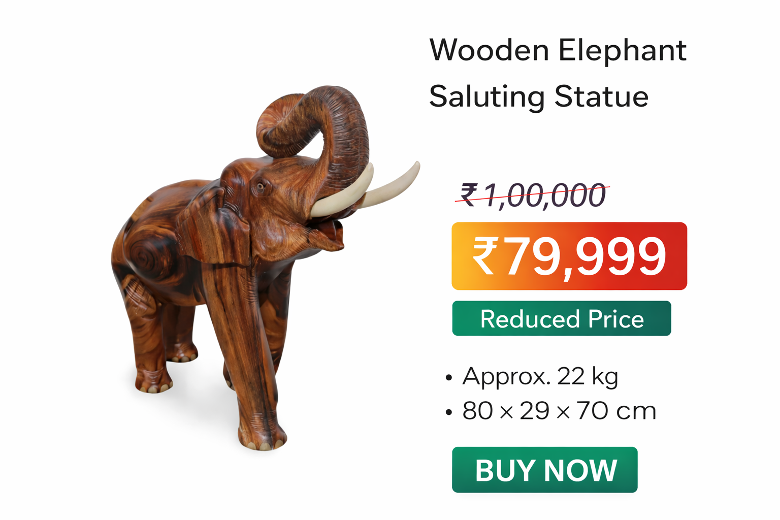 Wooden Elephant Saluting Statue