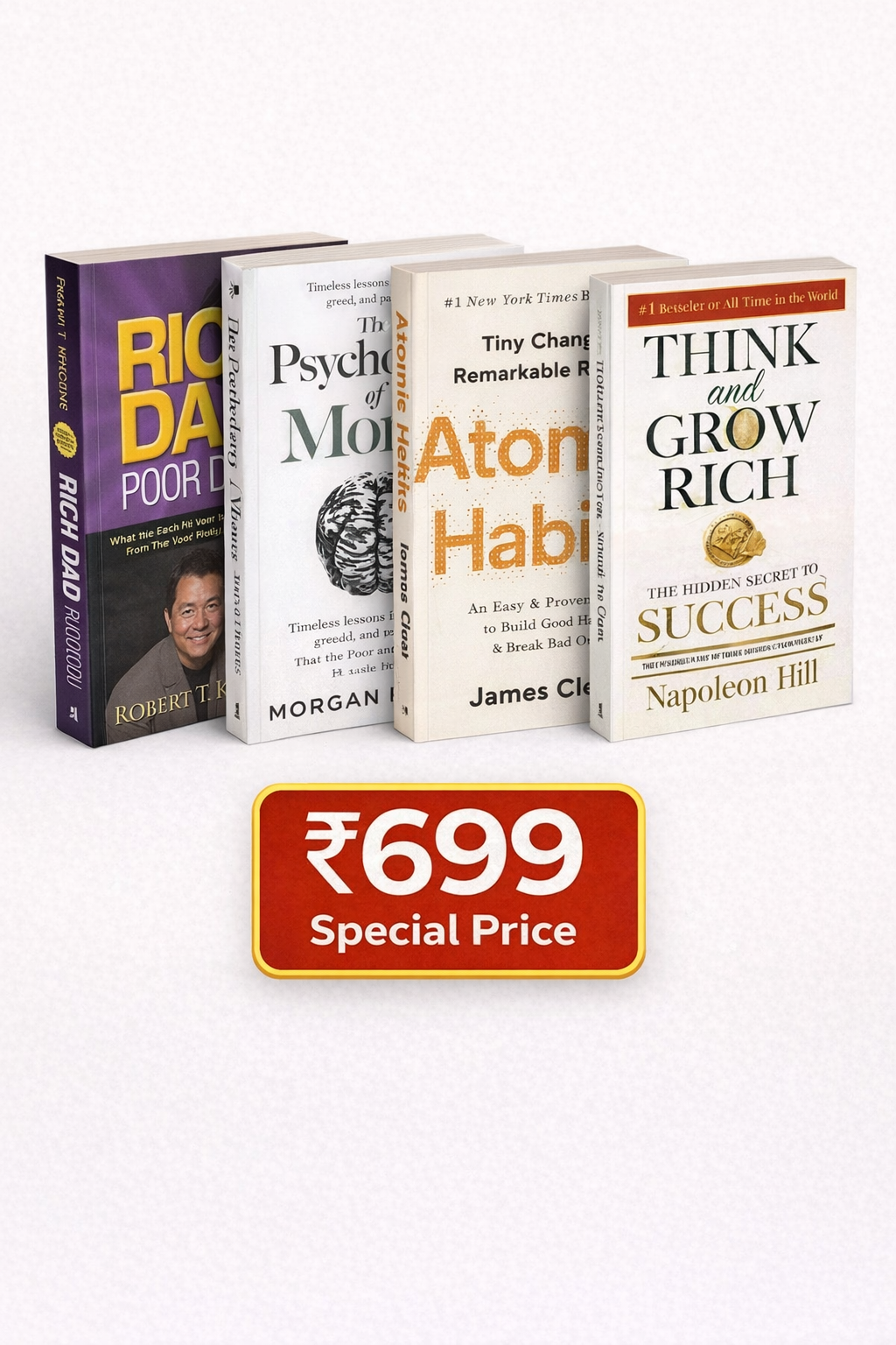 Combo of 4 Bestselling Self-Help Books – Rich Dad Poor Dad, The Psychology of Money, Atomic Habits & Think and Grow Rich (Paperback, English)