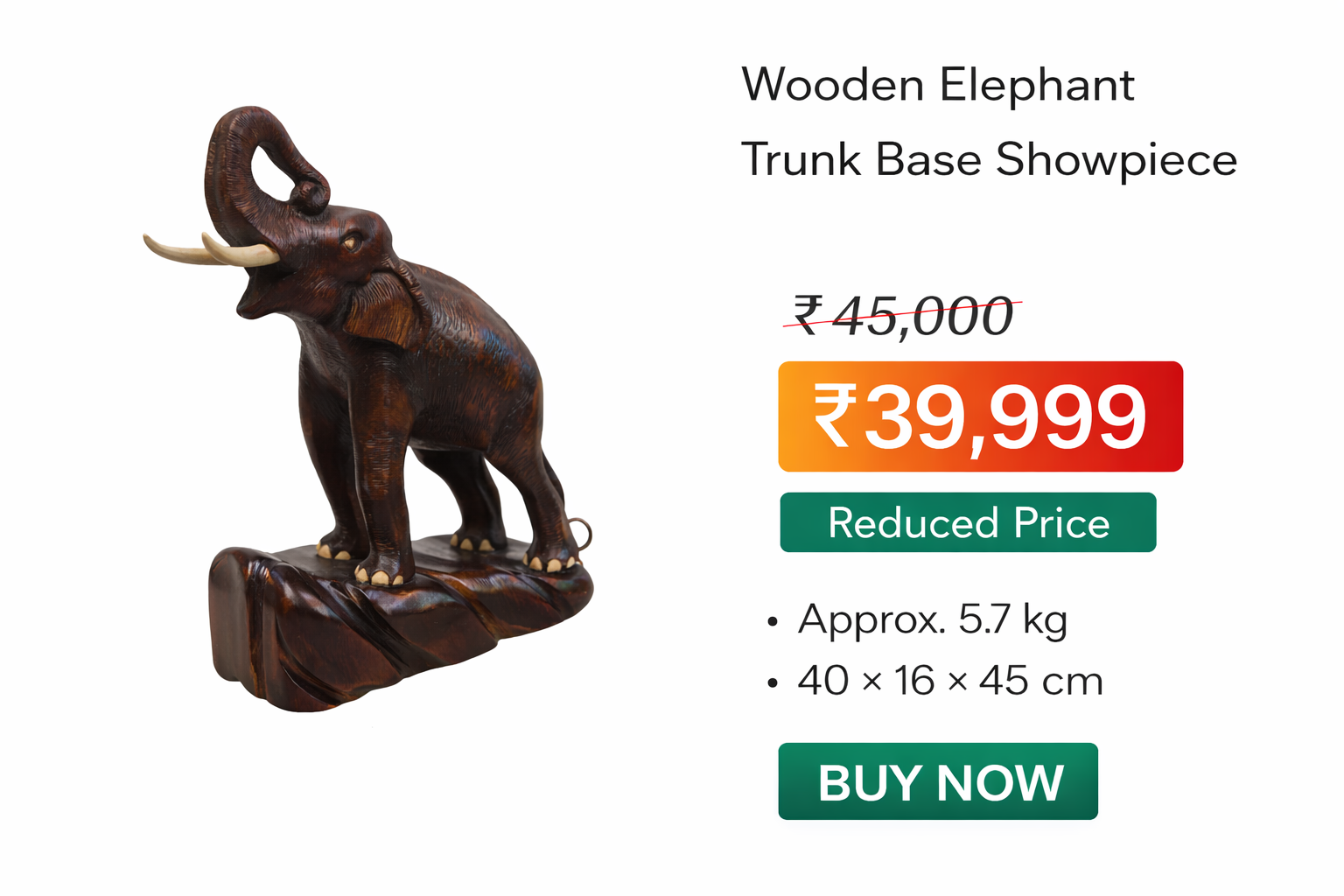 Wooden Elephant Trunk Base Showpiece – Premium Kerala Handicraft (40 × 16 × 45 cm)