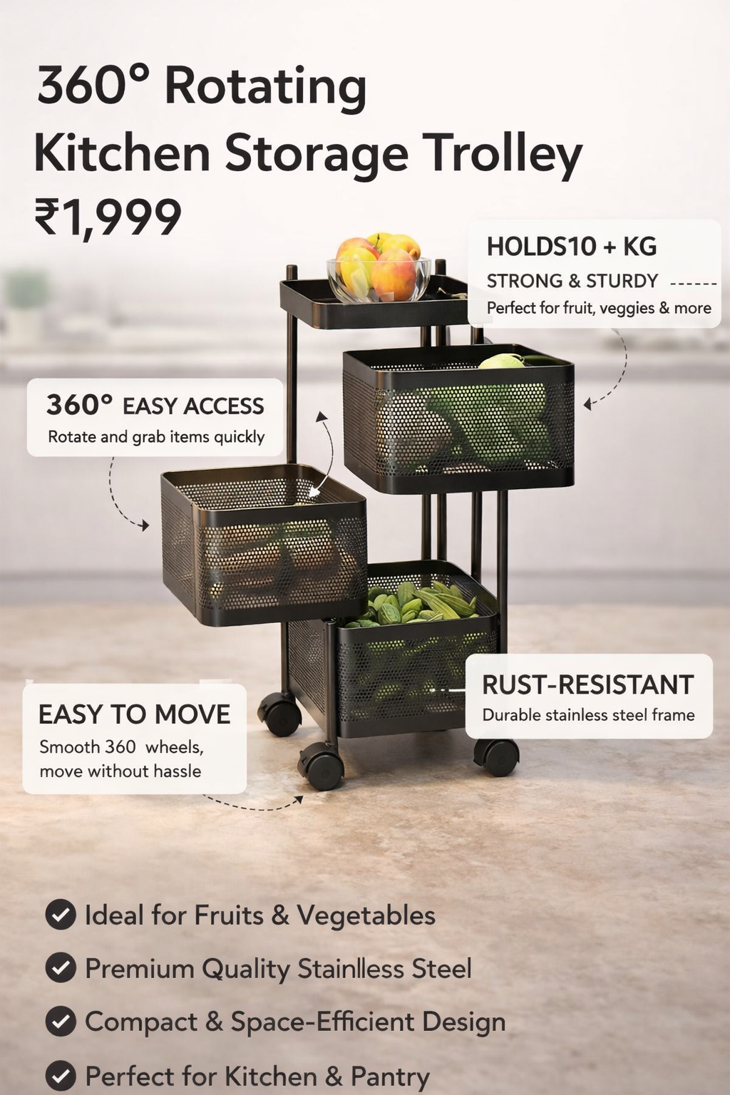 360° Rotating Kitchen Storage Trolley with Wheels – Multi-Layer Metal Mesh Fruit & Vegetable Rack