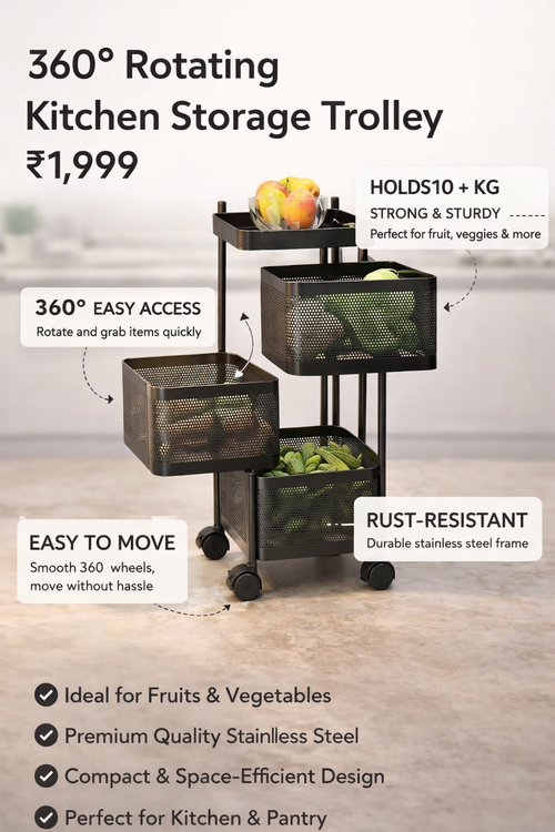 360° Rotating Kitchen Storage Trolley with Wheels – Multi-Layer Metal Mesh Fruit & Vegetable Rack