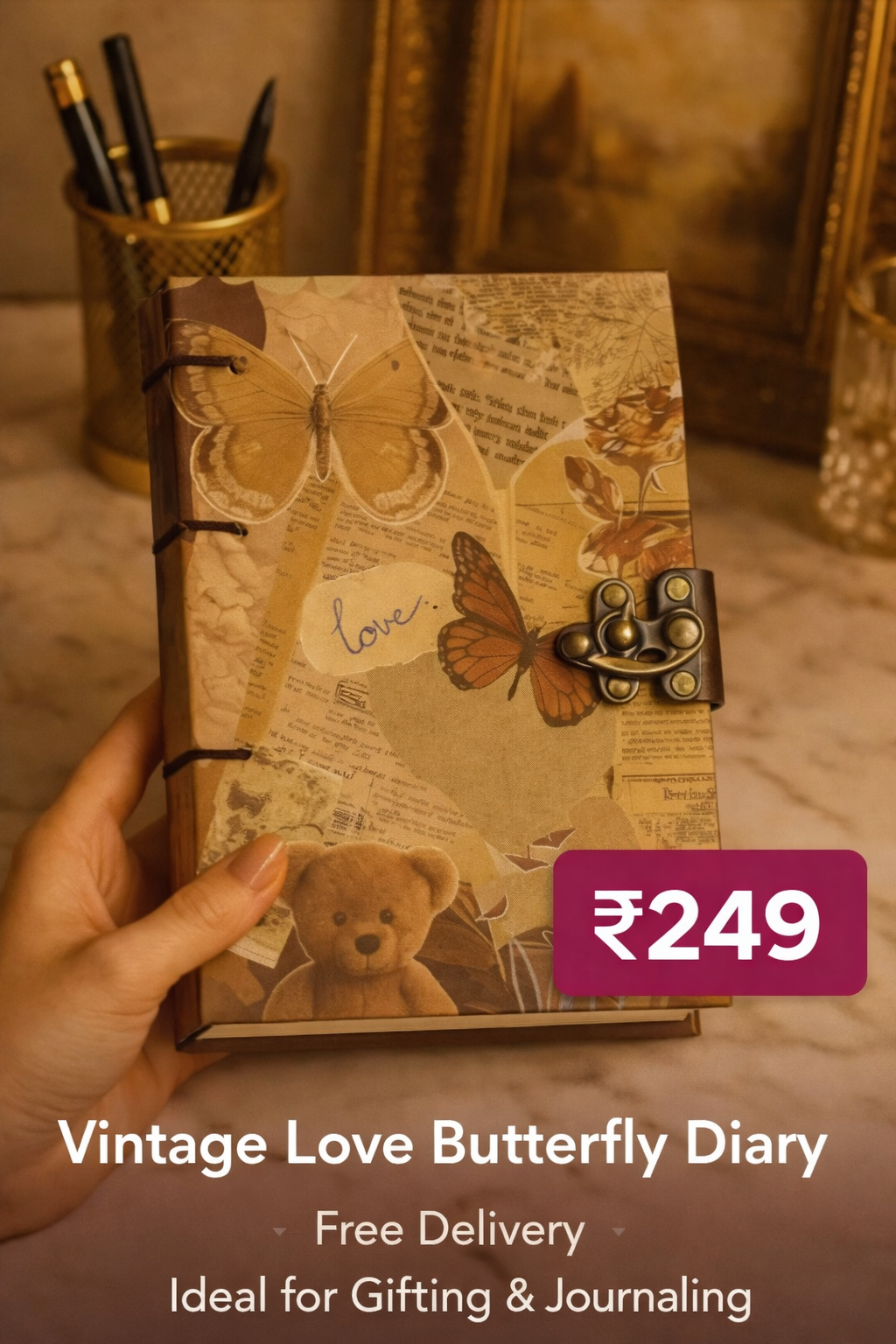 Vintage Love Notebook – Butterfly Theme Memory Journal | Lock Diary | 7×5 Inch | 200 Pages