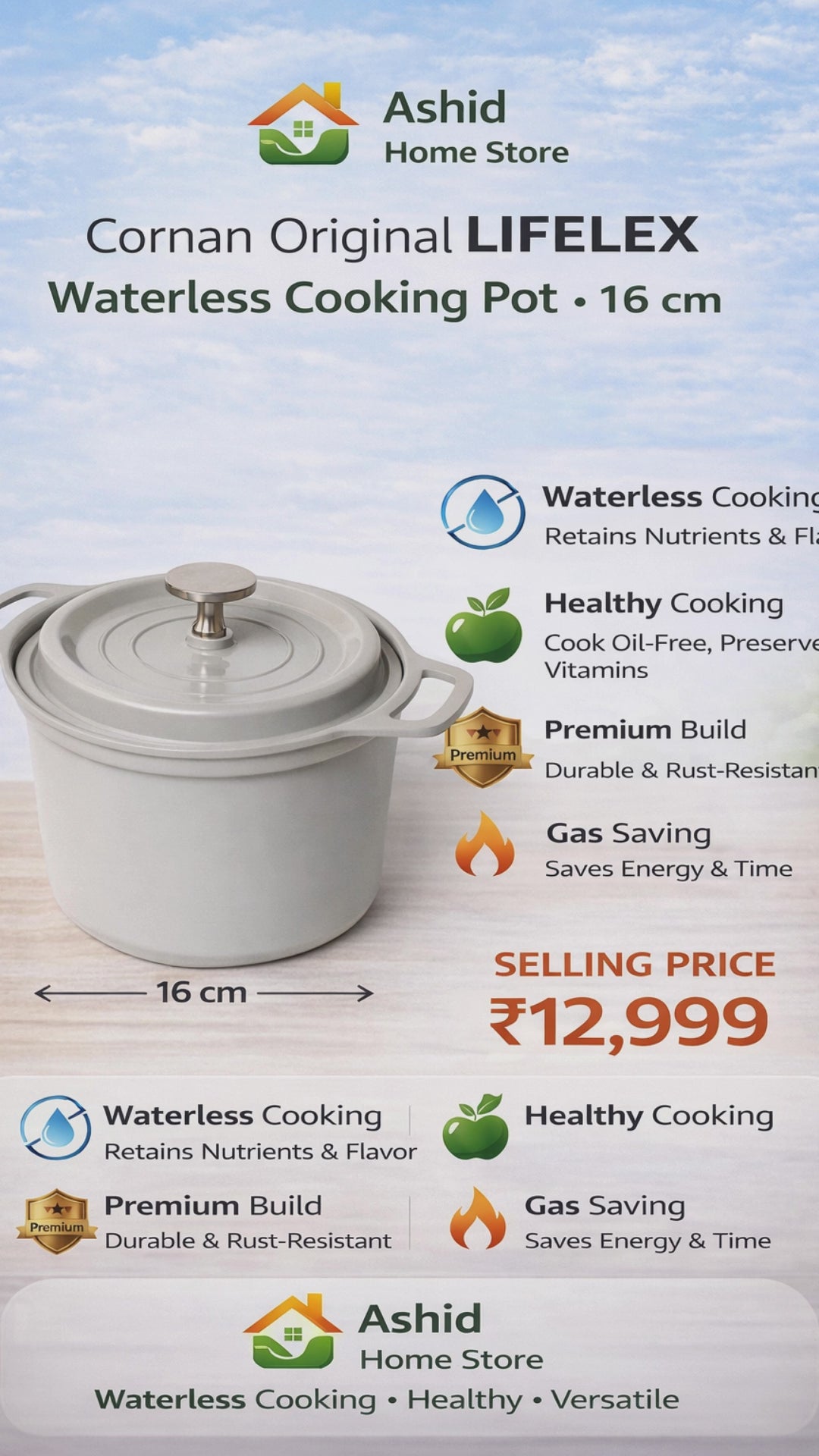 Cornan Original LIFELEX Waterless Cooking Pot – 16 cm | Premium Healthy Cookware | Oil-Free & Nutrient-Preserving