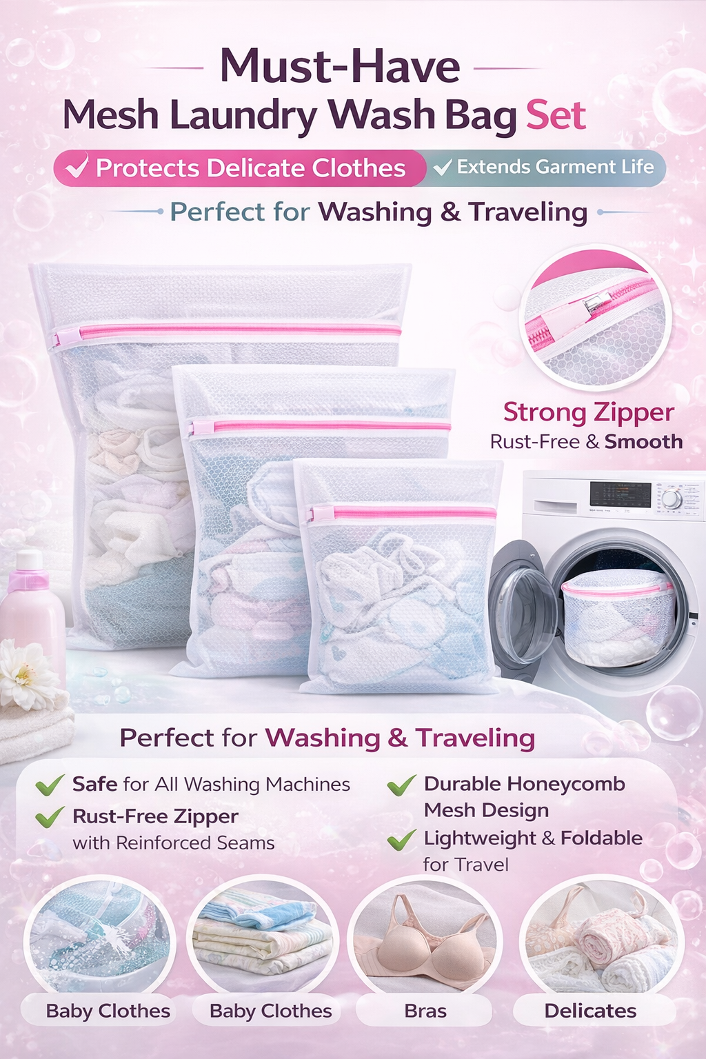 Mesh Laundry Wash Bag Set of 3 | Reusable Zipper Laundry Bags for Bra, Innerwear, Socks & Delicates | Machine Wash Safe